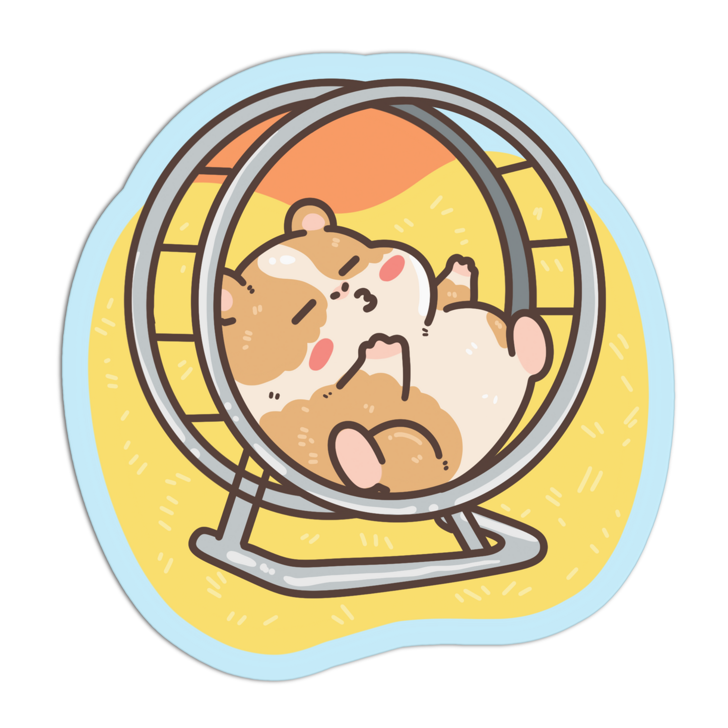 A die-cut sticker featuring a cute cartoon hamster rolling in a wheel, set against a yellow background with a light blue outer border.