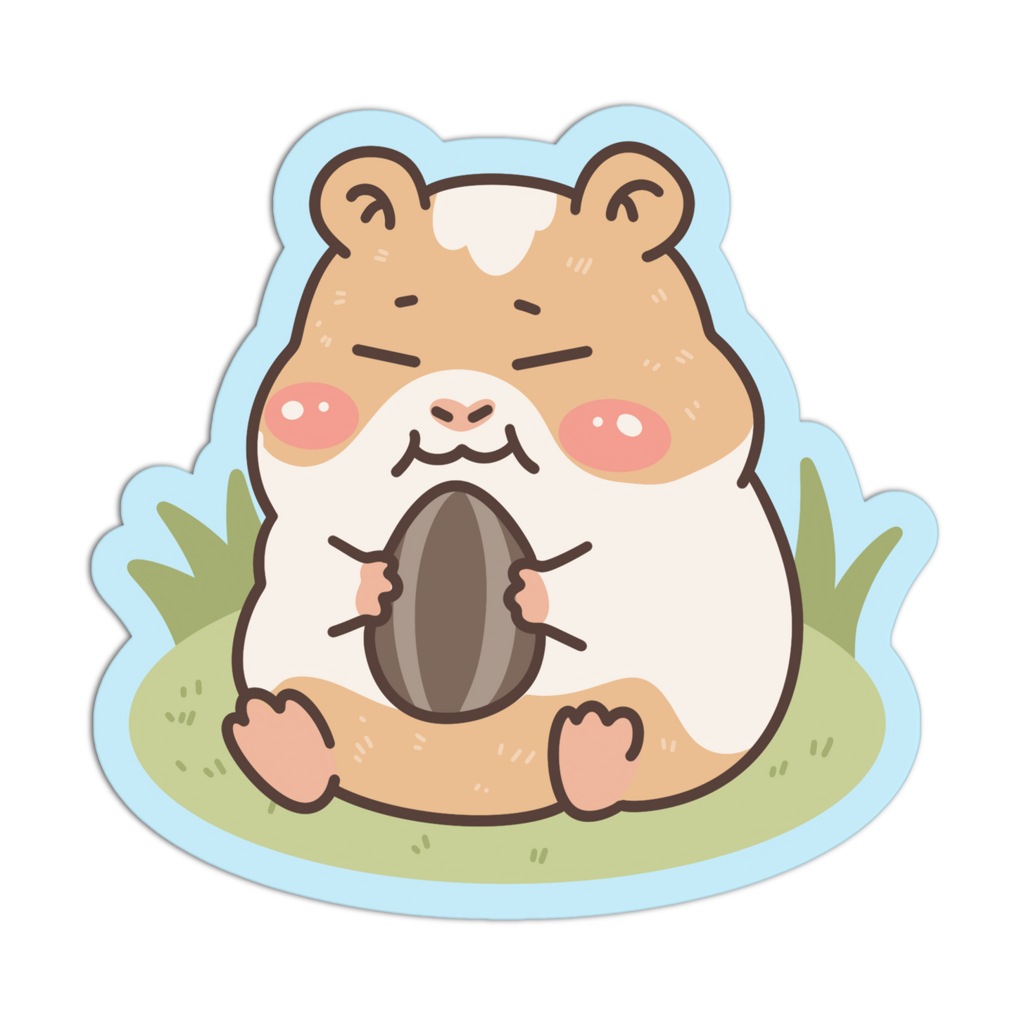 A die-cut sticker featuring a cute cartoon hamster sitting and holding a gray egg, with a light blue border and green grass details, shown on a plain white background.