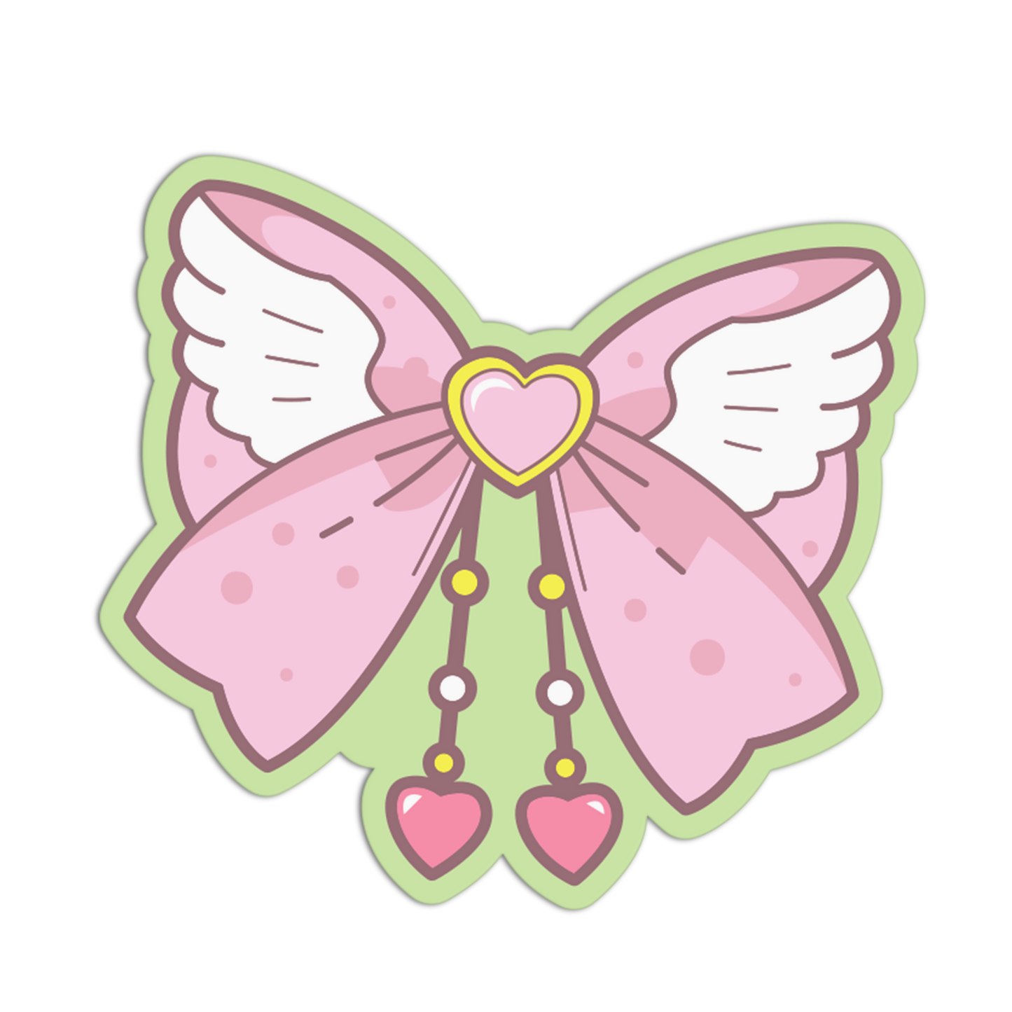 Cartoon butterfly with pink bow and heart-shaped decorations on a white background