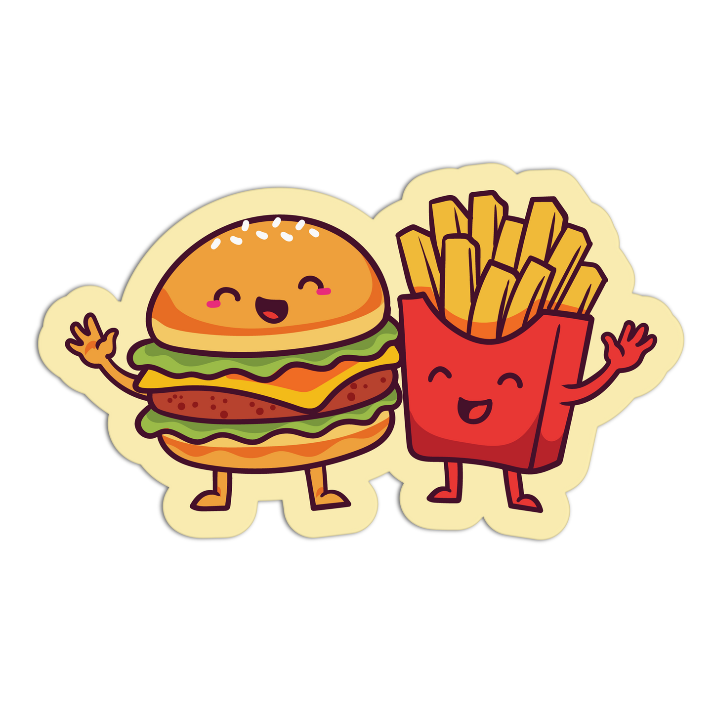 Cartoon hamburger and fries with happy expressions on a white background