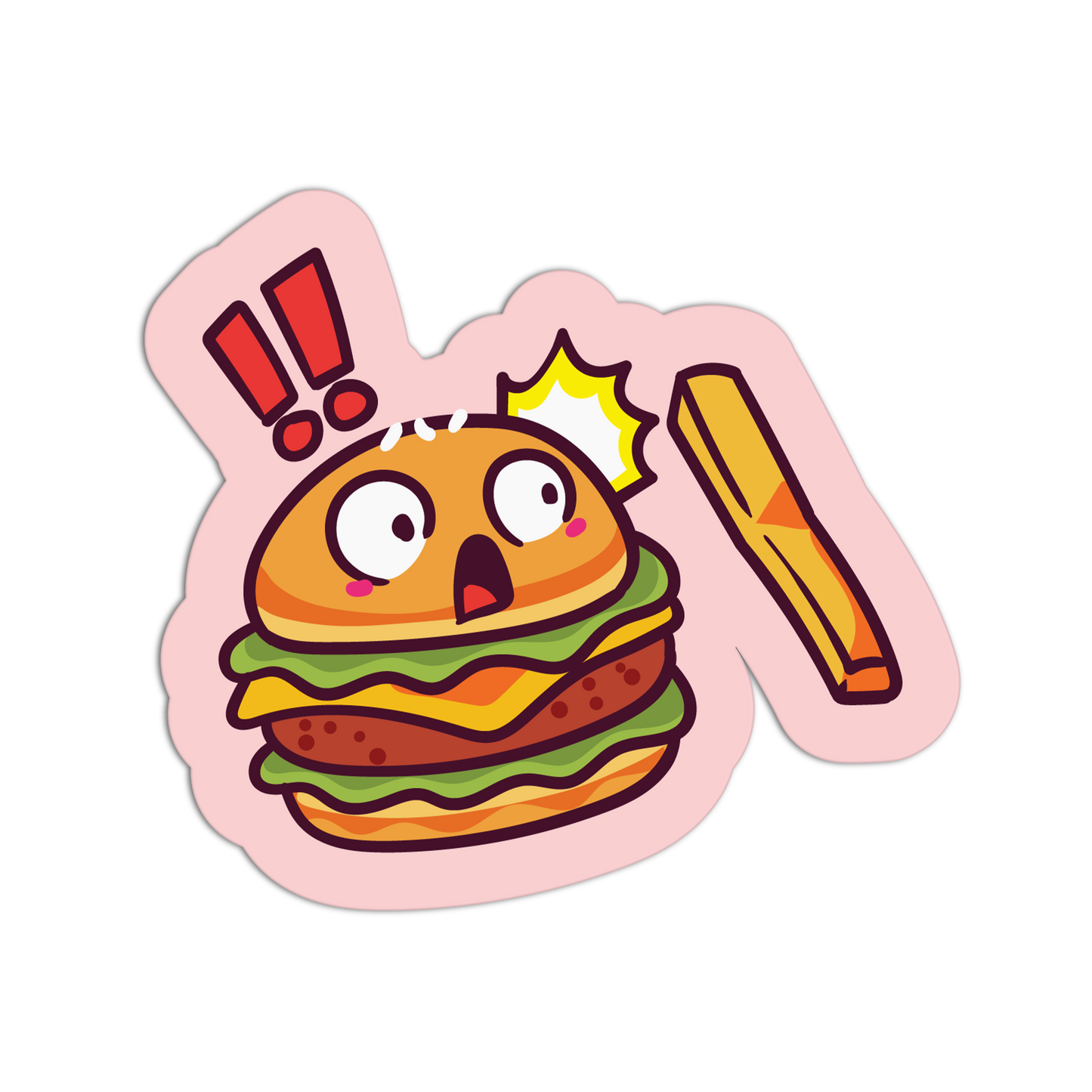 Cartoonish burger with a light bulb and exclamation mark on a pink background