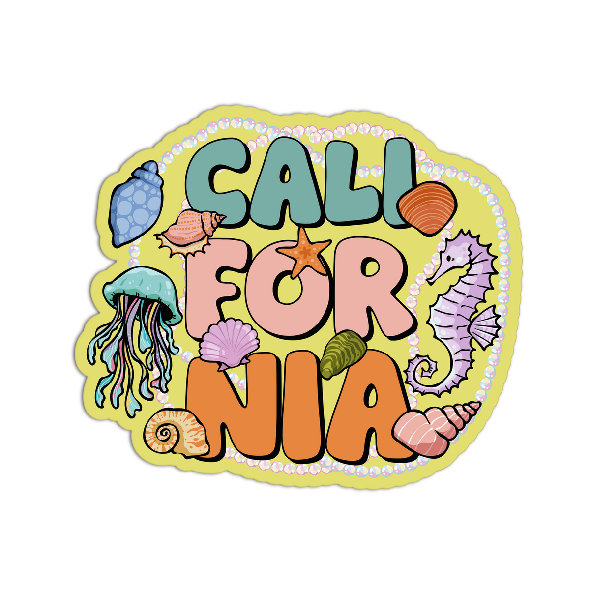 A die-cut sticker featuring the words 'CALI FOR NIA' in playful, colorful bubble letters surrounded by sea creatures like a jellyfish, seahorse, starfish, and seashells on a light yellow background.