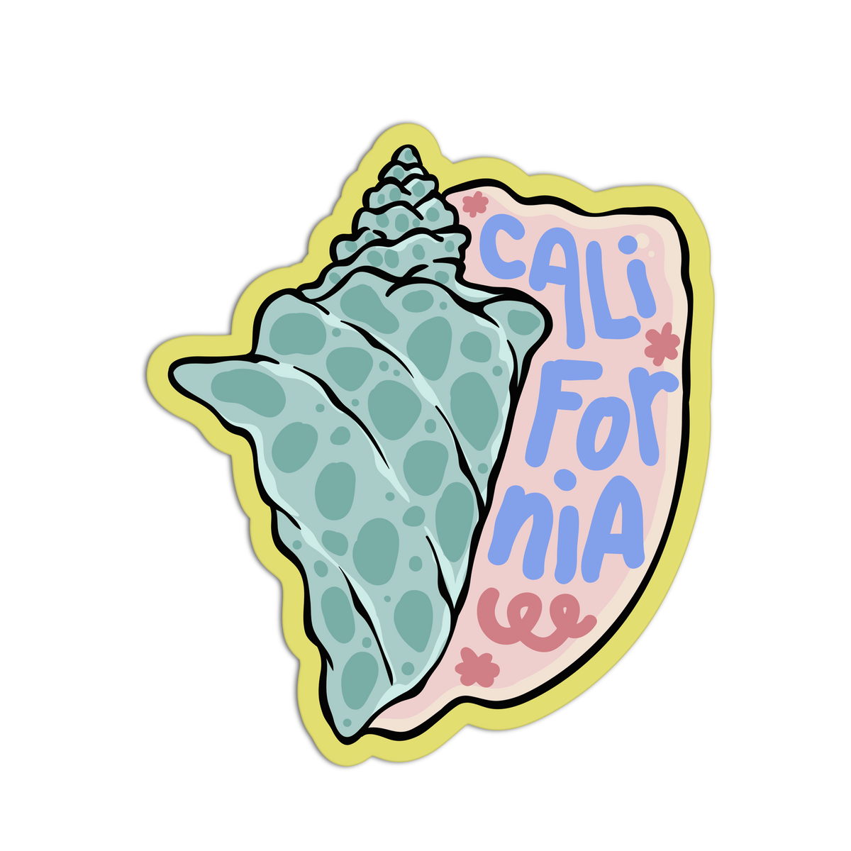 A die-cut sticker featuring a stylized seashell design with the words 'CALI For niA' in blue lettering on a pink section, outlined in yellow, shown on a plain white background.