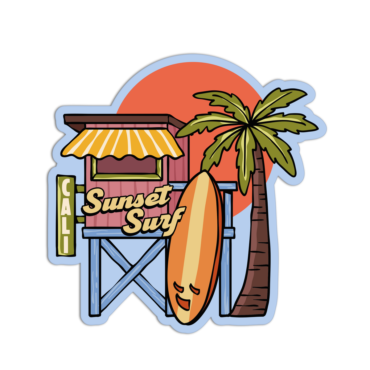 A die-cut sticker featuring a retro cartoon illustration of a 'Sunset Surf' lifeguard hut, a palm tree, and a surfboard against an orange sunset and blue sky.