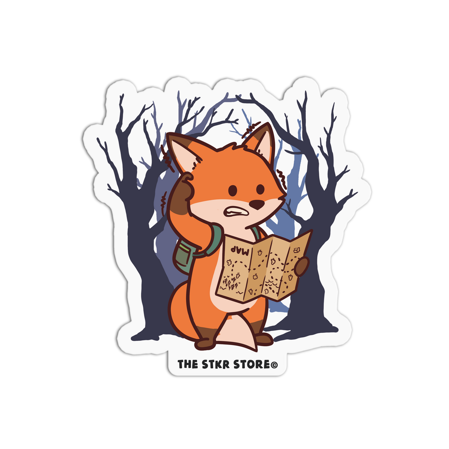 Sticker of a fox character with a map in a forest setting, from The STKR Store.