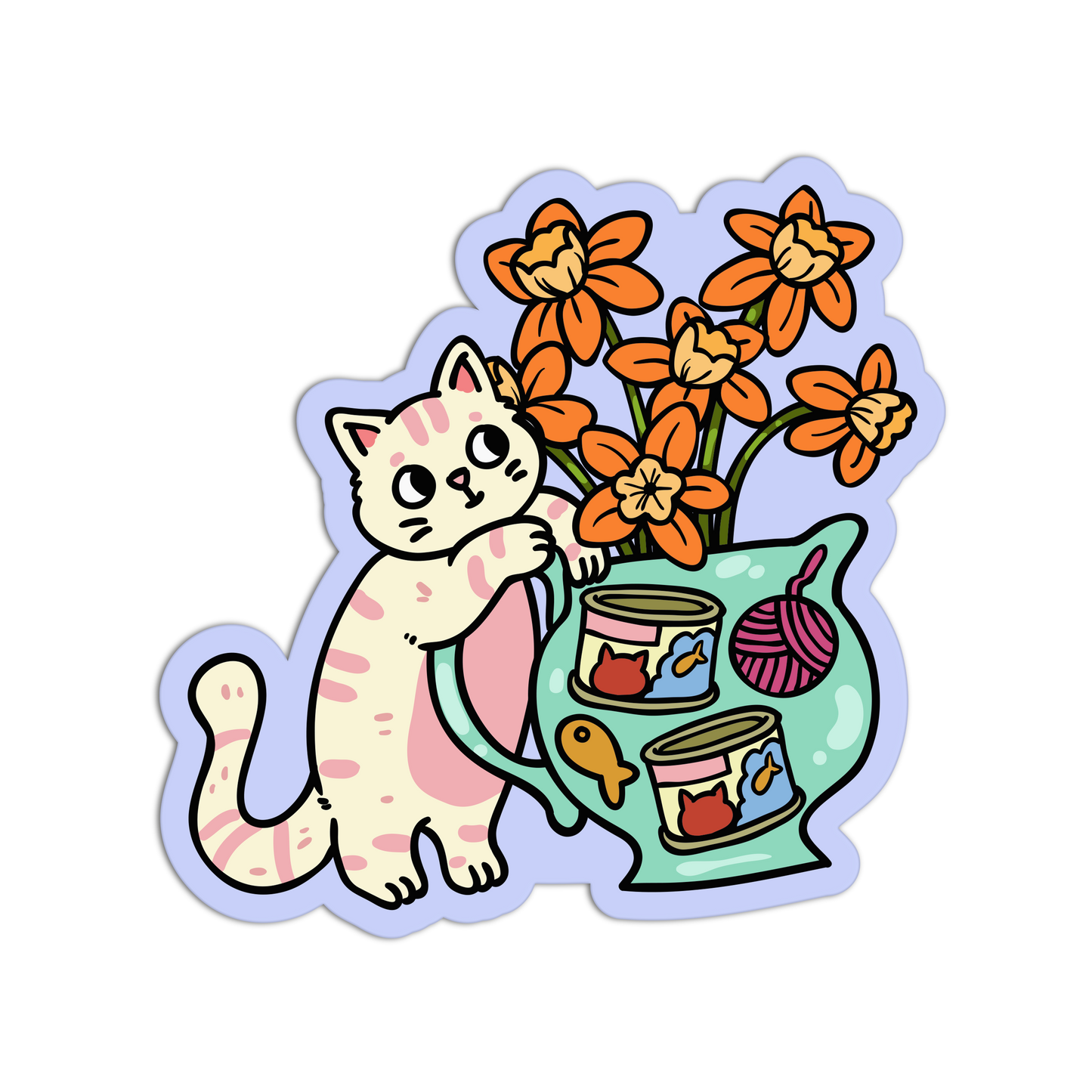 Sticker of a cat with a teapot and flowers on a white background