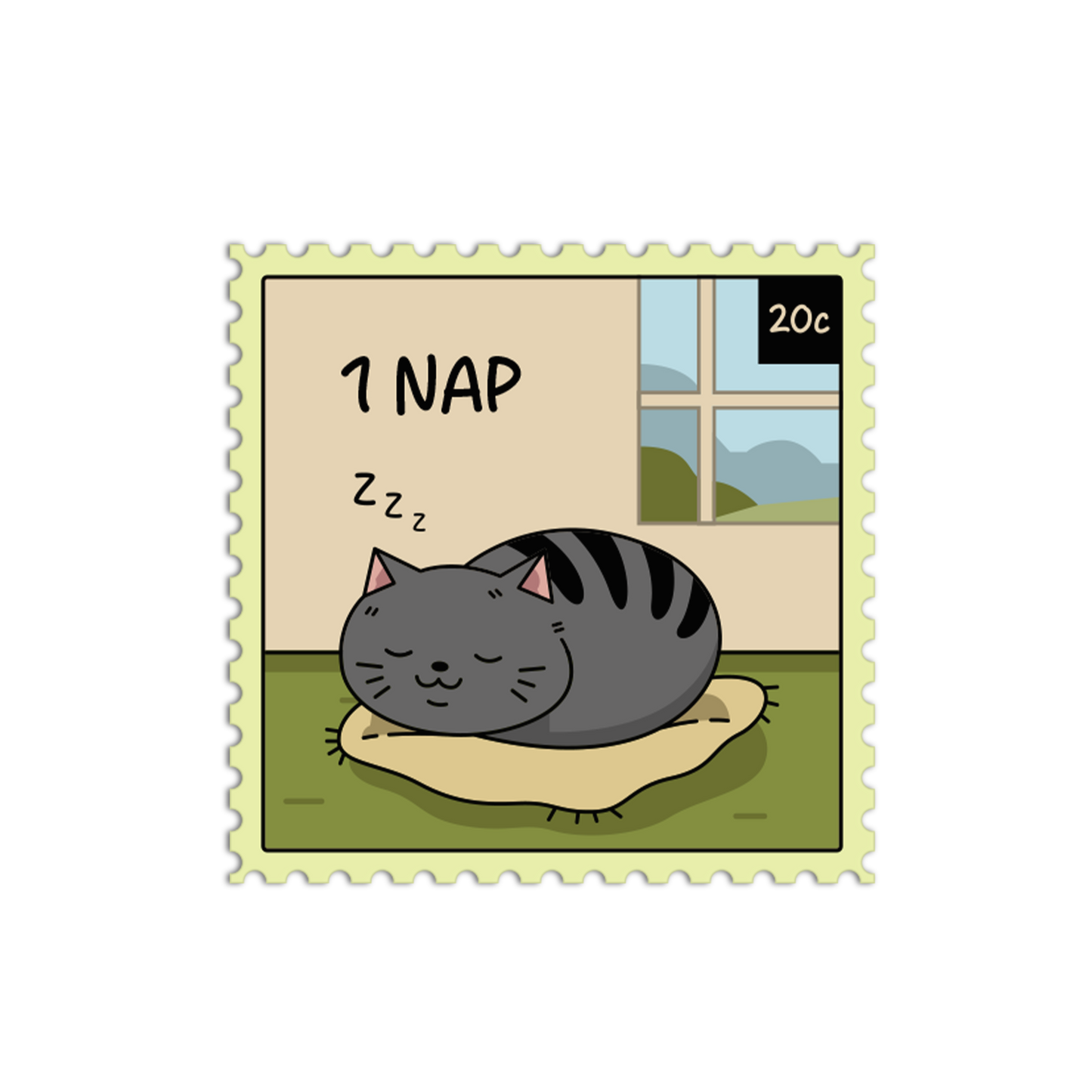 Illustration of a cat taking a nap with text '1 NAP' on a postage stamp-style background.