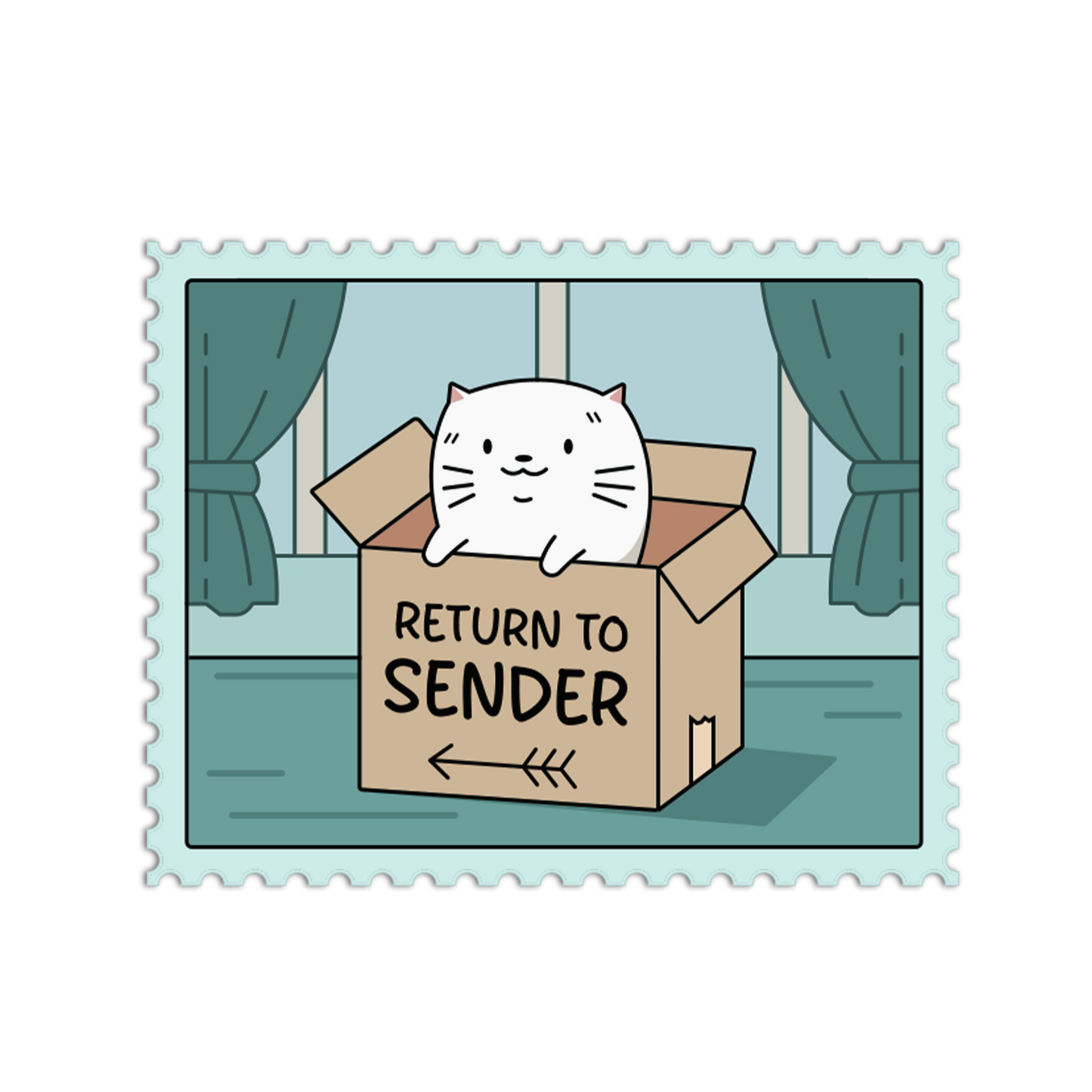Cartoon cat in a box labeled 'Return to Sender' with a light blue border
