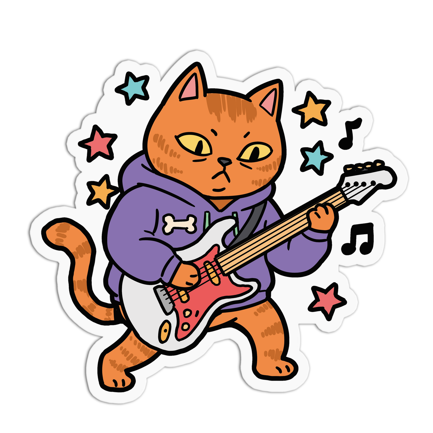 Cartoon cat playing a guitar with stars and music notes on a white background