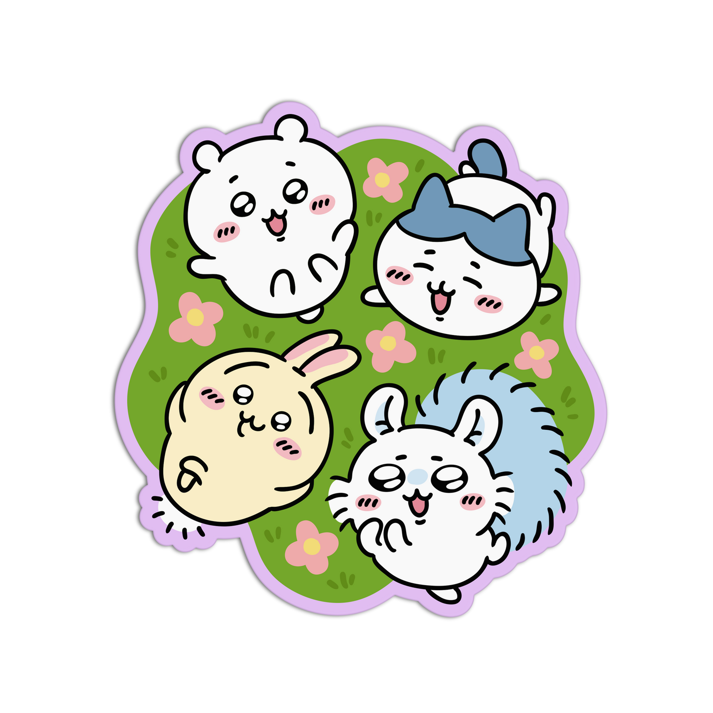 A die-cut sticker featuring four cute cartoon animal characters on a green grassy background with pink flowers, outlined in purple. The characters include a white bear, a white cat with a blue hat, a pale yellow rabbit, and a white bunny with blue fur.