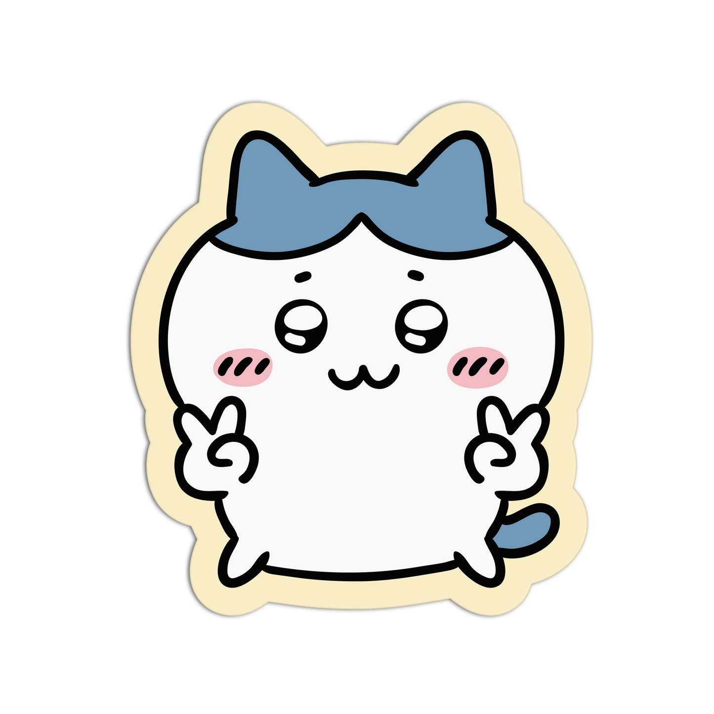 A cute cartoon sticker or decal of a white cat character with blue ears, pink cheeks, and a yellow border, shown on a plain white background.