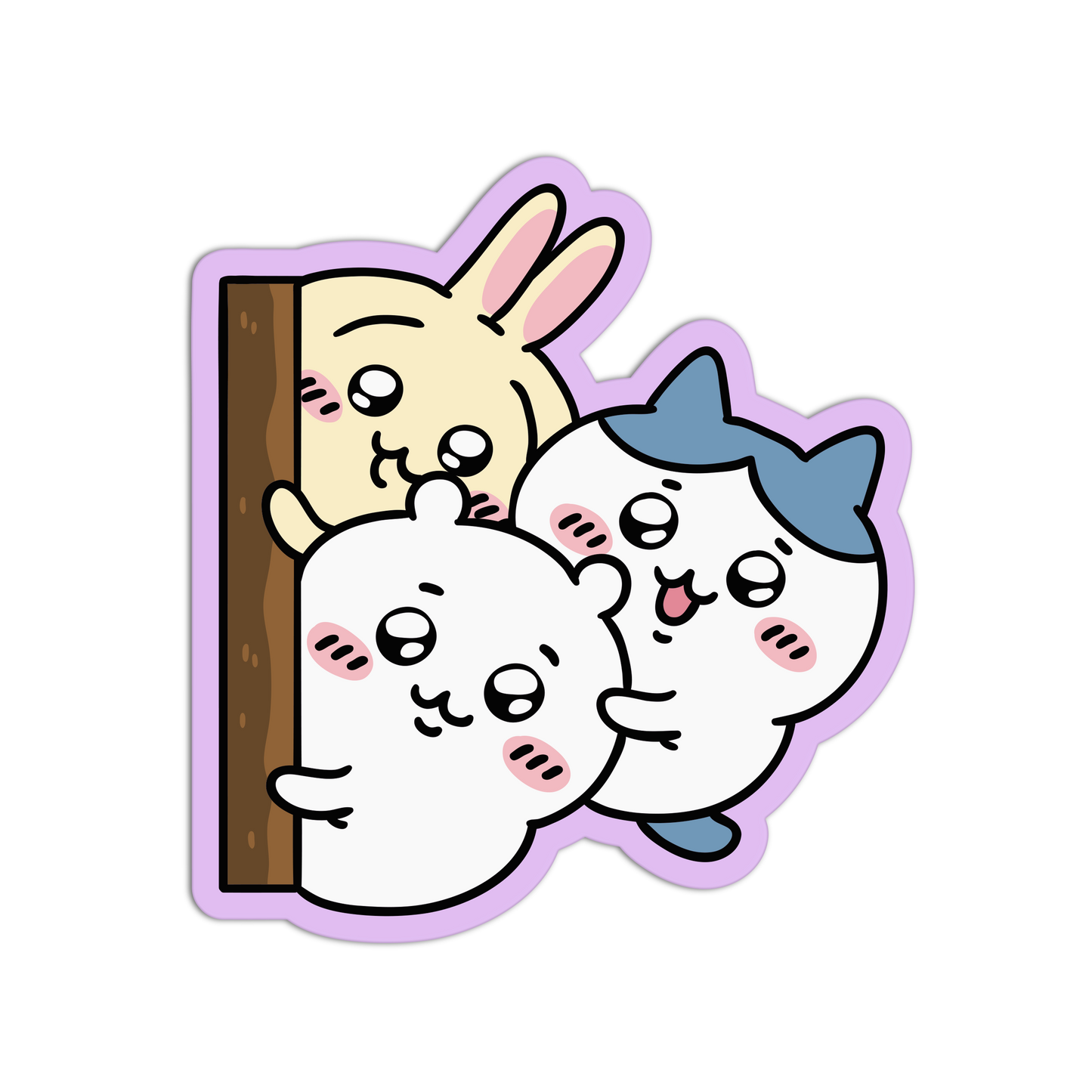 A die-cut cartoon sticker featuring three chibi-style characters peeking from behind a wooden post, with a light purple outline on a plain white background.