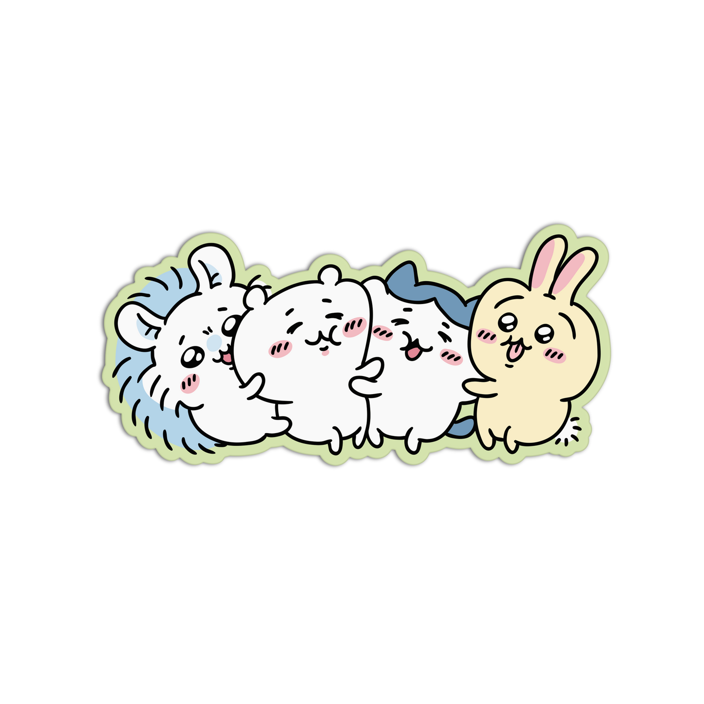 A die-cut sticker featuring four cute cartoon animals hugging: a blue hedgehog, a white bear, a blue-and-white rabbit, and a pale yellow bunny with pink ears. The characters have pink cheeks and are outlined in black, with a light green border around the sticker.