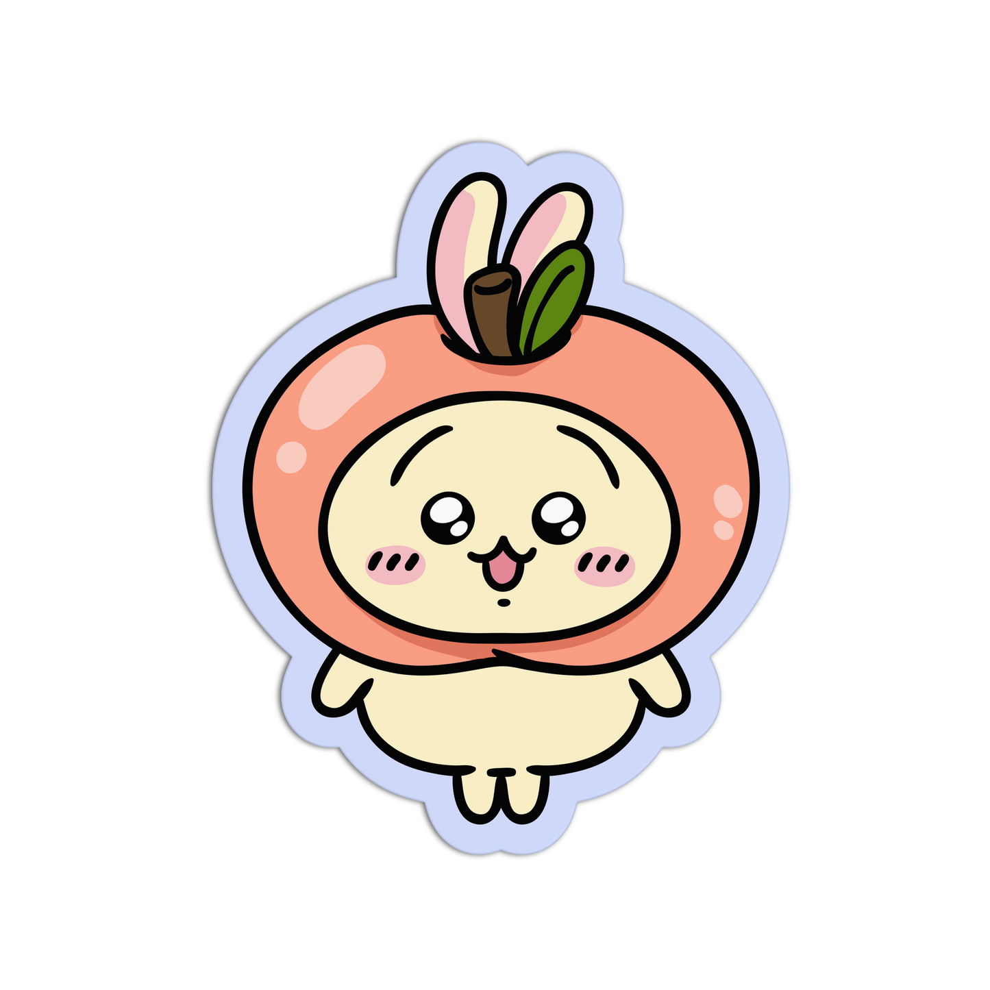A die-cut cartoon sticker featuring a cute character with a peach-colored flower-like head, pink bunny ears, green leaves, and a pale cream body on a white background.
