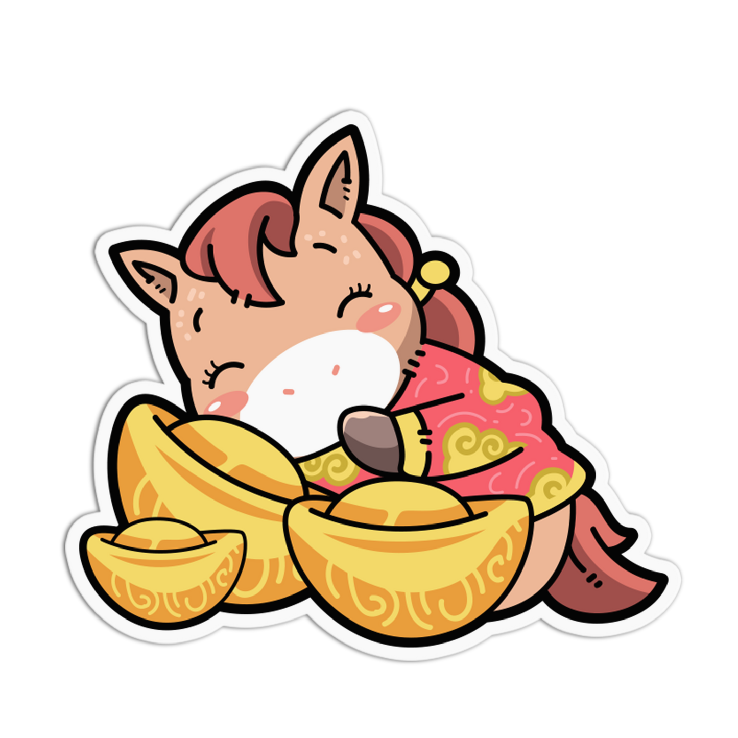 Cartoon character with pink hair and a red dress surrounded by gold ingots on a white background