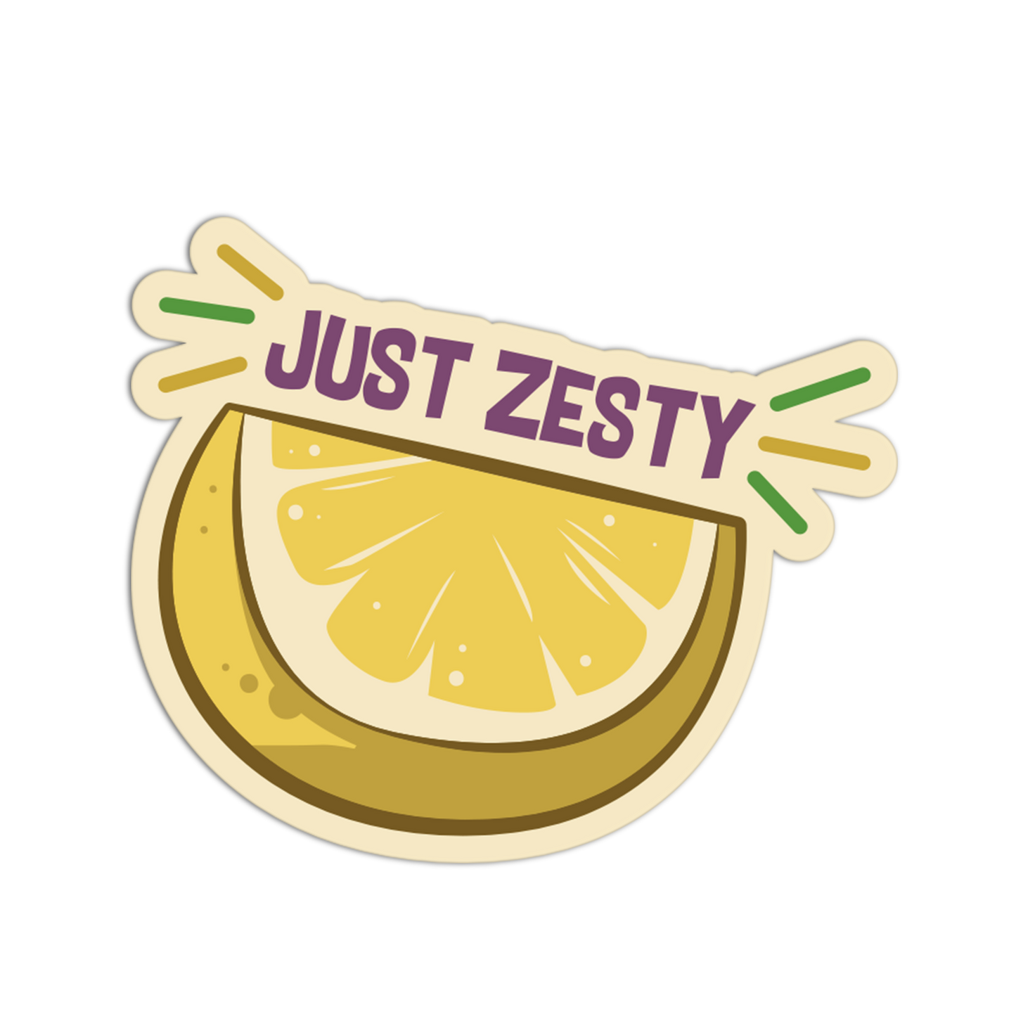 Sticker with lemon design and 'JUST ZESTY' text on a white background