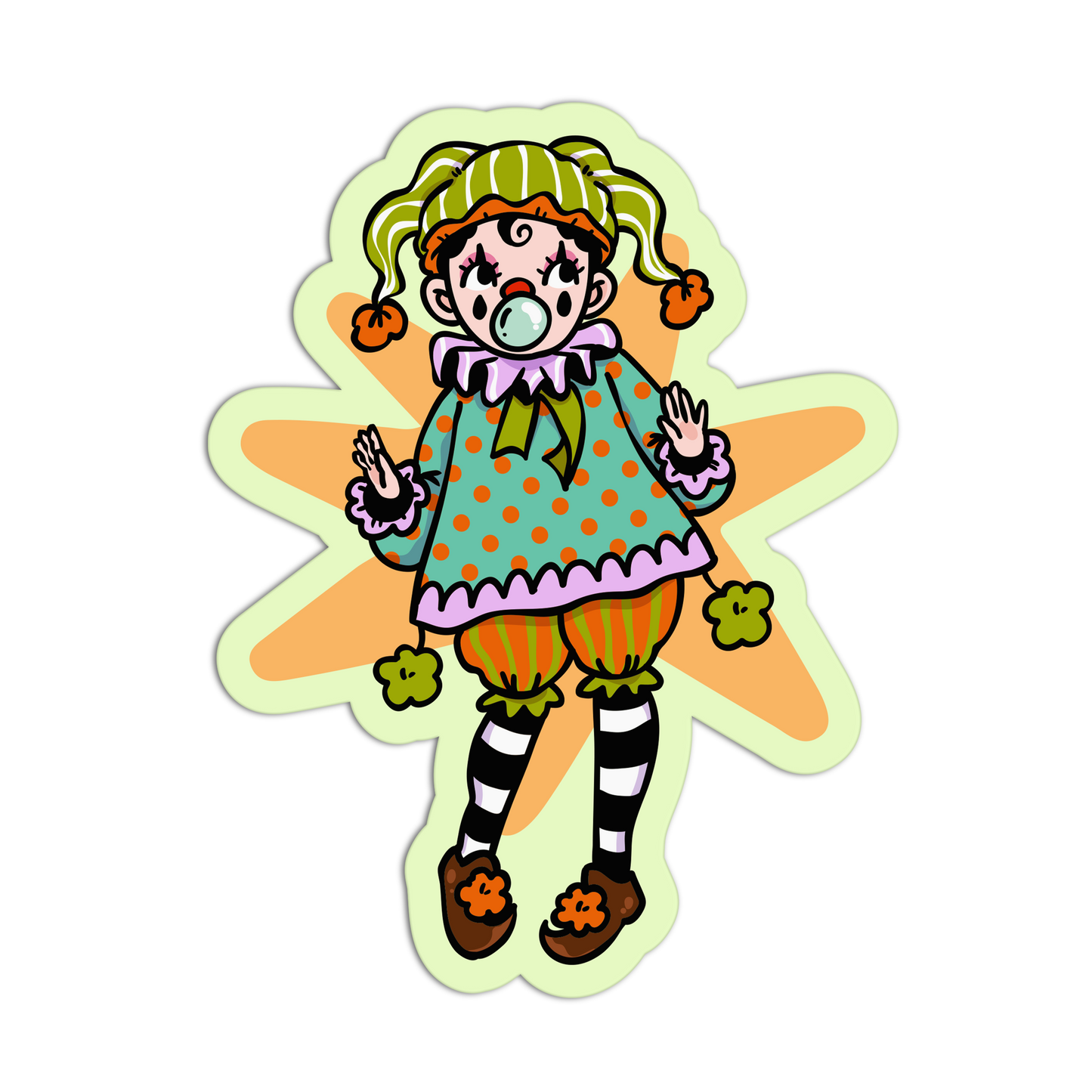 A cartoon clown sticker or decal featuring a stylized character with green jester hat and tail, teal polka-dot dress, striped stockings, and an orange starburst shape on a white background.