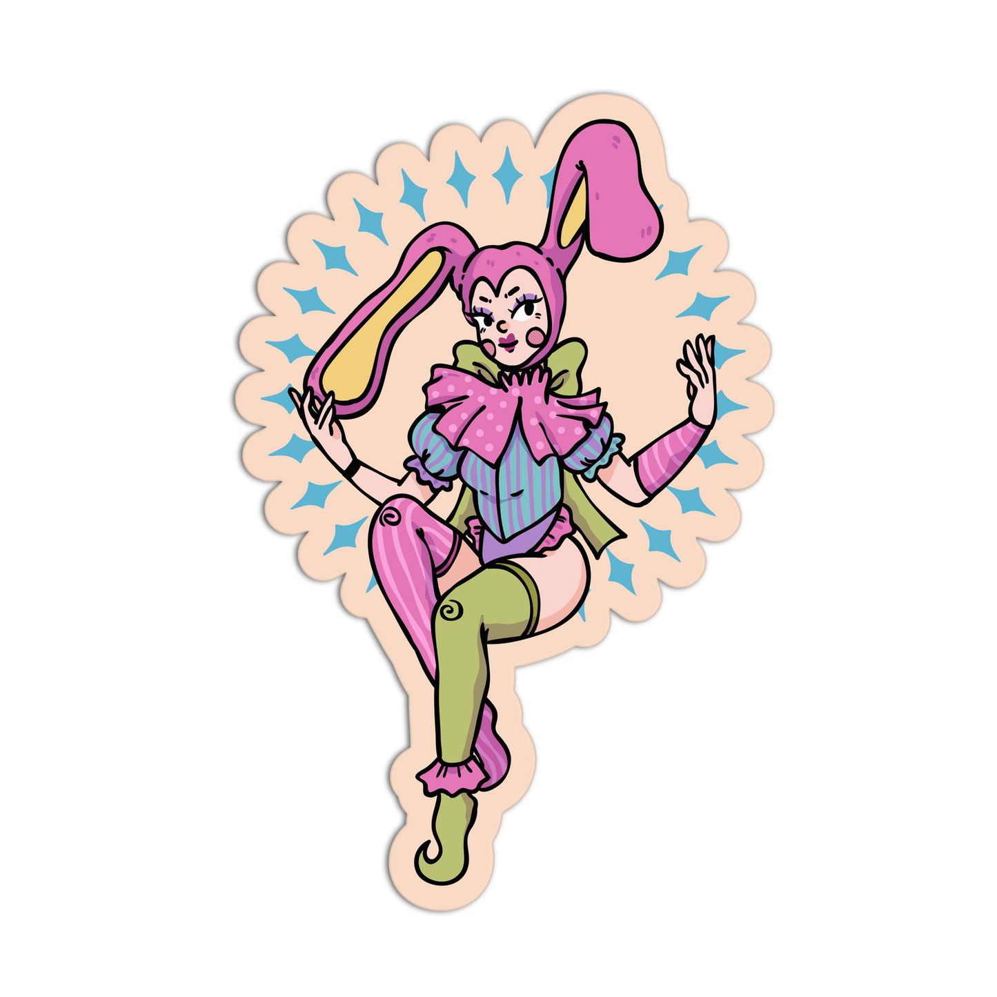 A die-cut sticker featuring a stylized cartoon bunny girl in a pink and blue jester outfit with green pants, set against a peach background with blue star accents.