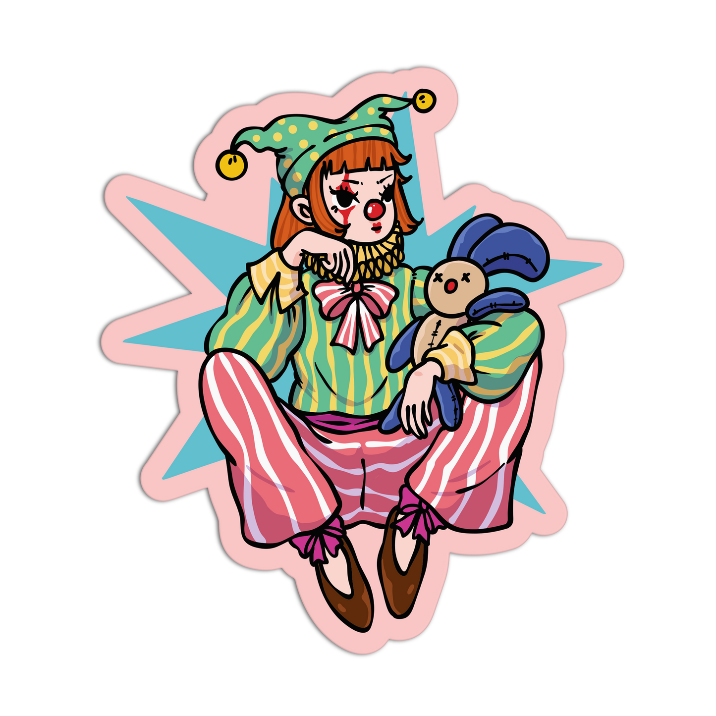 A die-cut sticker featuring a colorful cartoon clown character with orange hair, a green and yellow striped outfit, pink-and-white striped pants, and a blue stuffed animal, set against a light blue starburst with a pink outline.