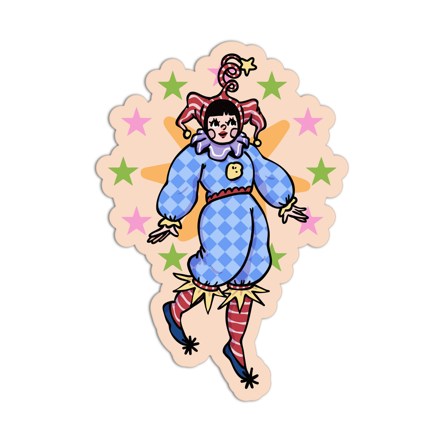 A die-cut sticker featuring a cartoon clown character in a blue and lavender checkered outfit with red-and-white striped stockings, pink stars, and a peach background.
