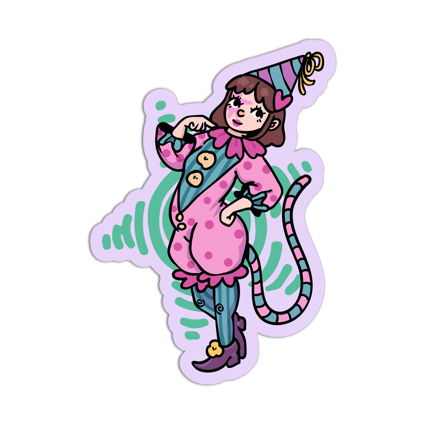 A die-cut sticker featuring a cartoon cat dressed as a clown, wearing a pink polka-dot outfit, teal vest, striped hat, and long striped tail, shown on a plain white background.