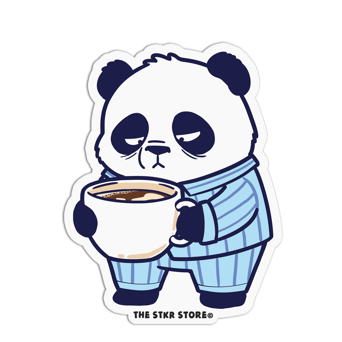 Panda character holding a coffee cup with 'The Stkr Store' branding.