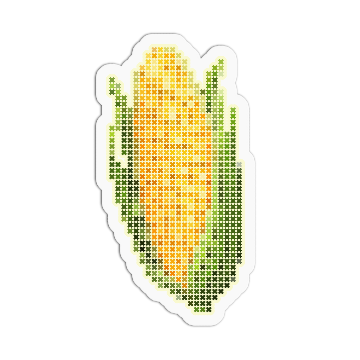 A die-cut sticker featuring a pixelated corn cob design in shades of yellow, orange, and green on a white background.