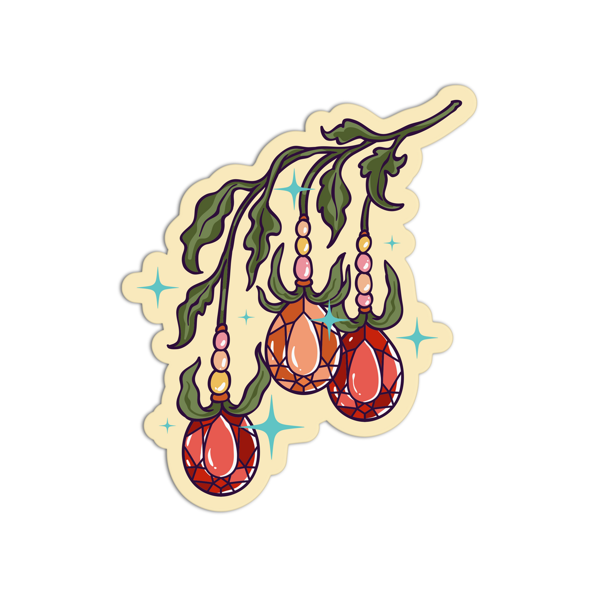 A decorative sticker or decal featuring three hanging ornate floral ornaments on a beige branch, with pink, red, and orange details, green leaves, and small turquoise sparkles on a plain white background.