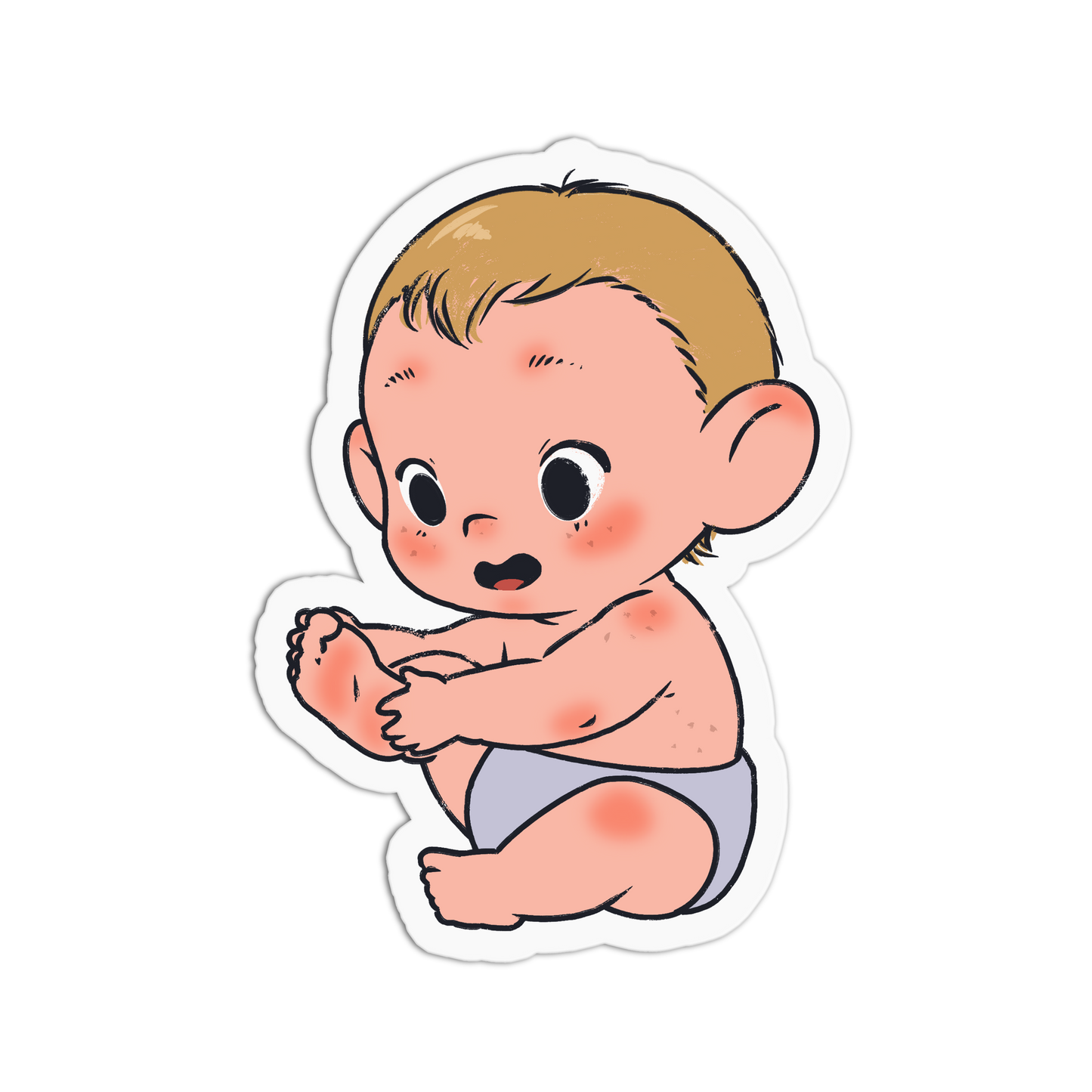A cartoon-style die-cut sticker of a baby with blond hair, rosy cheeks, and a red rash, shown on a plain white background.