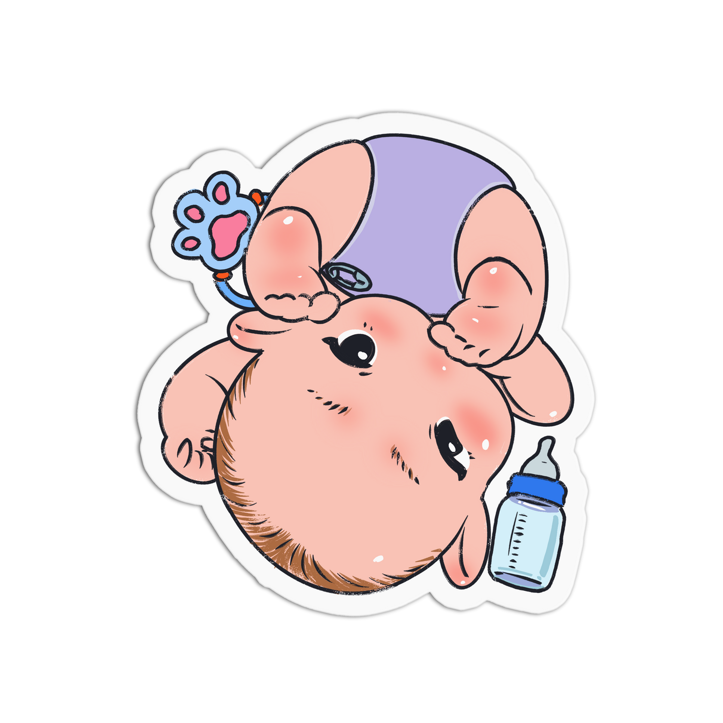 A cartoon sticker-style illustration of a baby lying on its back, wearing a lavender diaper and holding a blue paw-shaped toy, with a baby bottle at the lower right, shown on a plain white background.