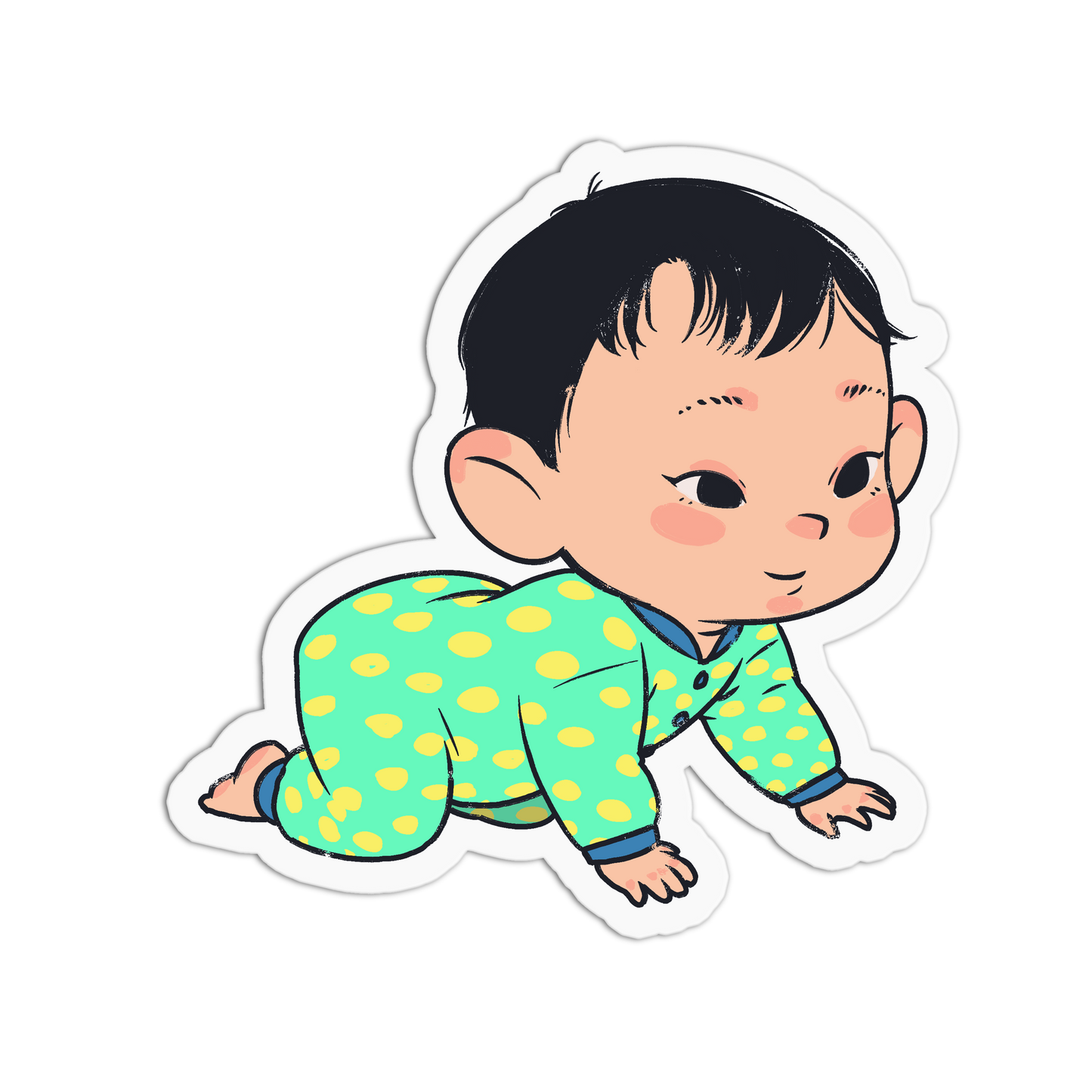 A die-cut cartoon baby sticker showing a crawling baby in mint green and yellow polka-dot pajamas on a plain white background.