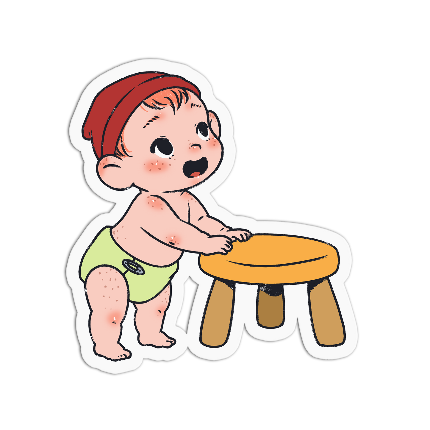 A cartoon sticker of a baby with red cheeks and spots, wearing a red beanie and a light green diaper, standing next to a small orange stool on a white background.
