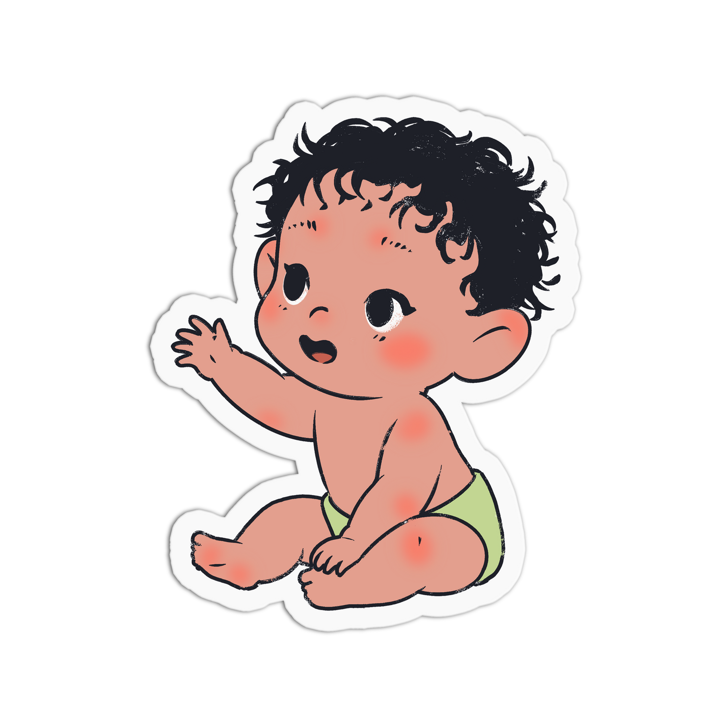 A die-cut vinyl sticker featuring a cute cartoon illustration of a baby with curly black hair, rosy skin, and a light green diaper, shown on a plain white background.