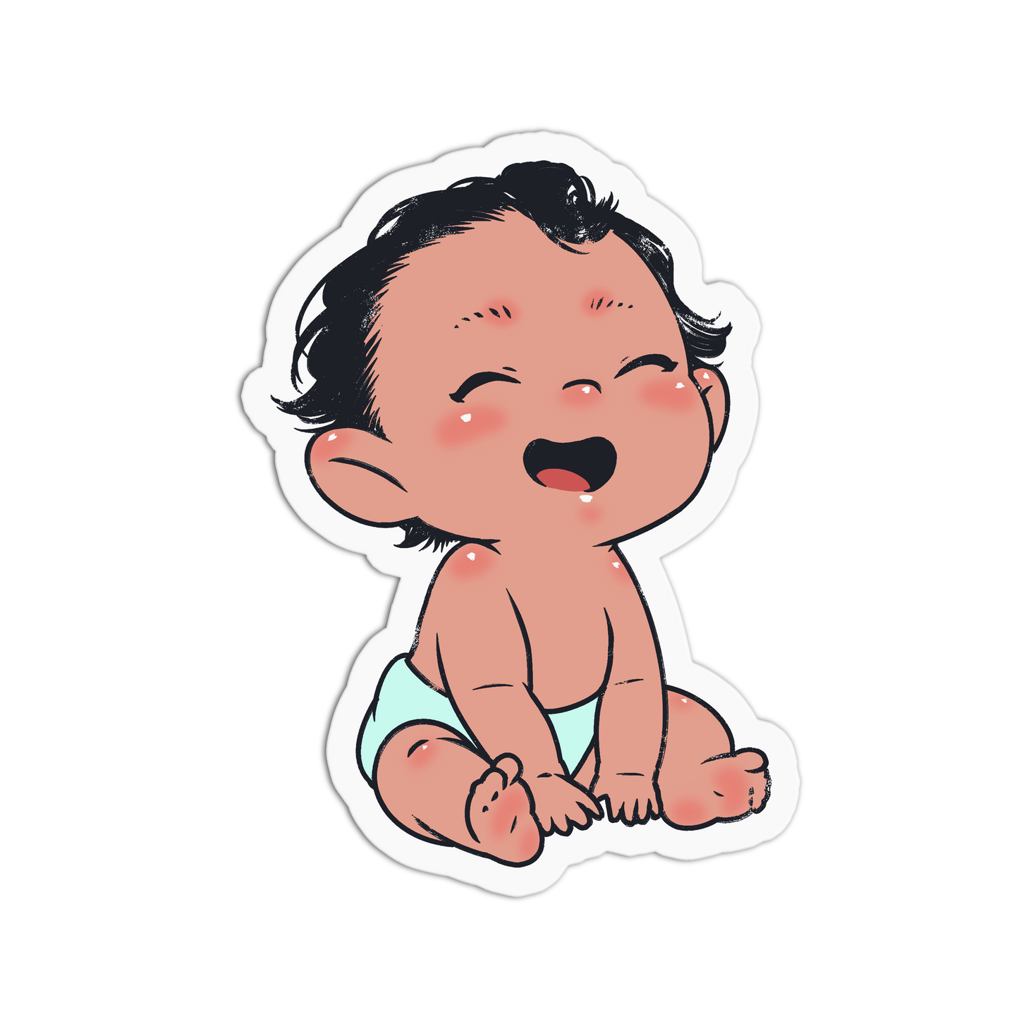 A die-cut vinyl sticker featuring a cute cartoon baby with dark hair, rosy cheeks, and a light blue diaper, shown on a plain white background.