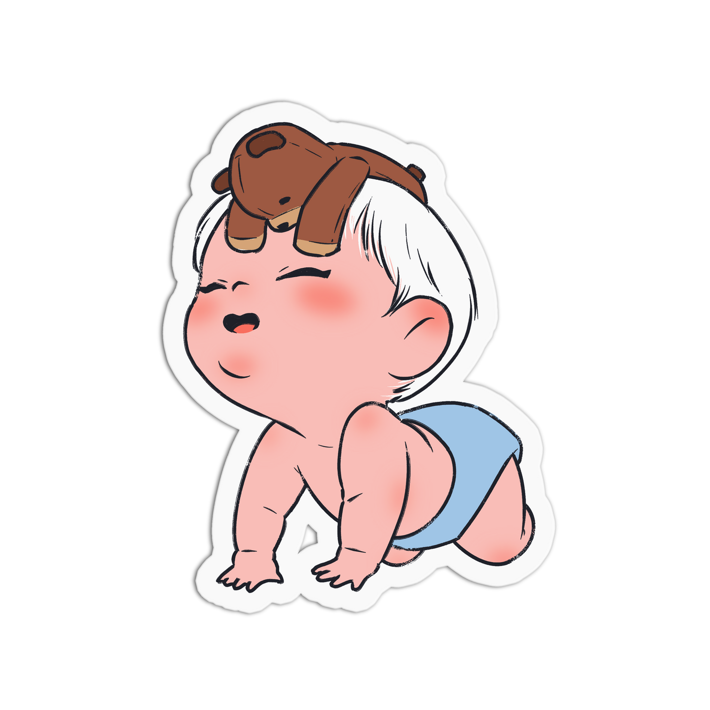 A die-cut cartoon sticker of a baby crawling on all fours with a brown teddy bear on its head, shown on a plain white background.