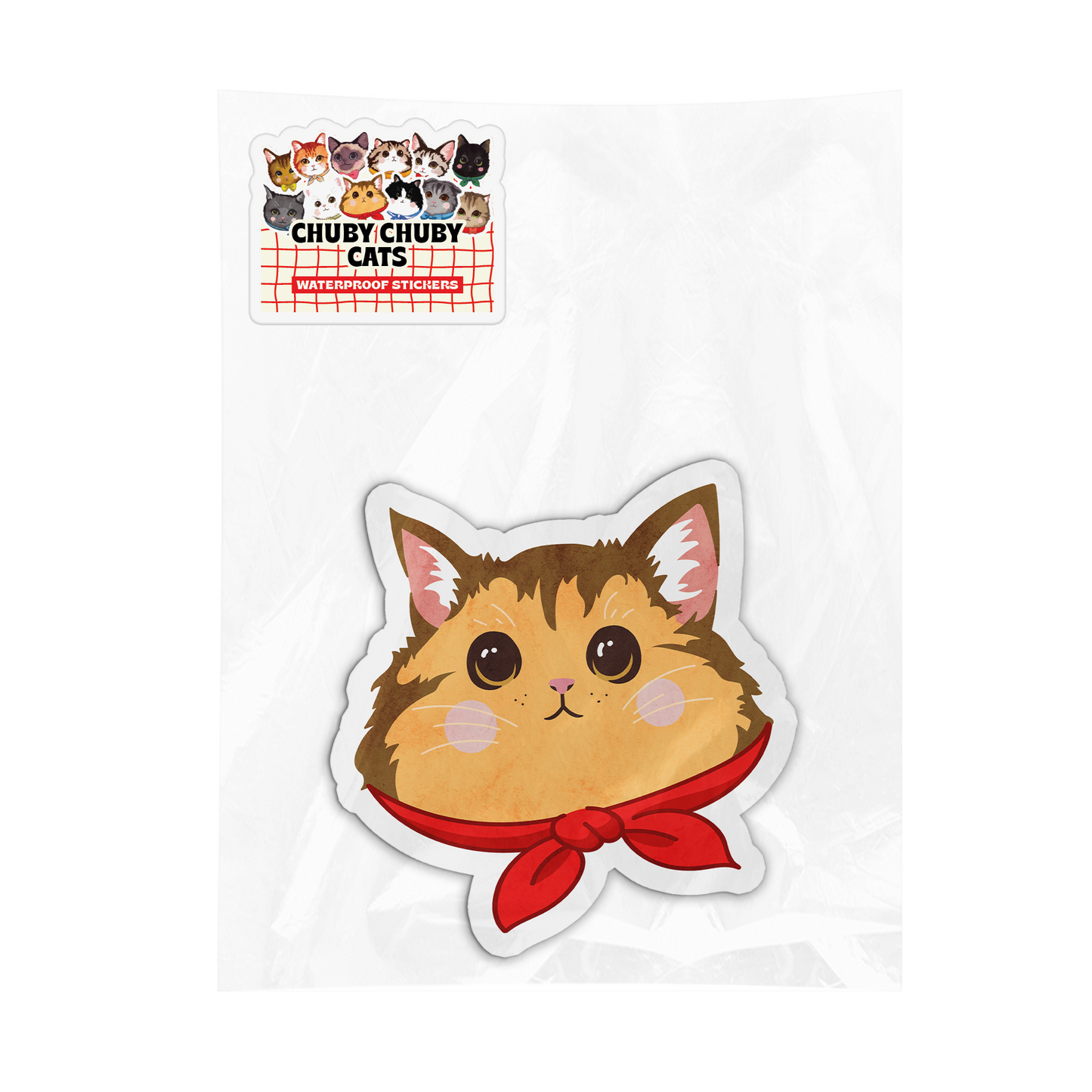 Brown and Orange Cat with Red Scarf - Chuby Chuby Cats Sticker