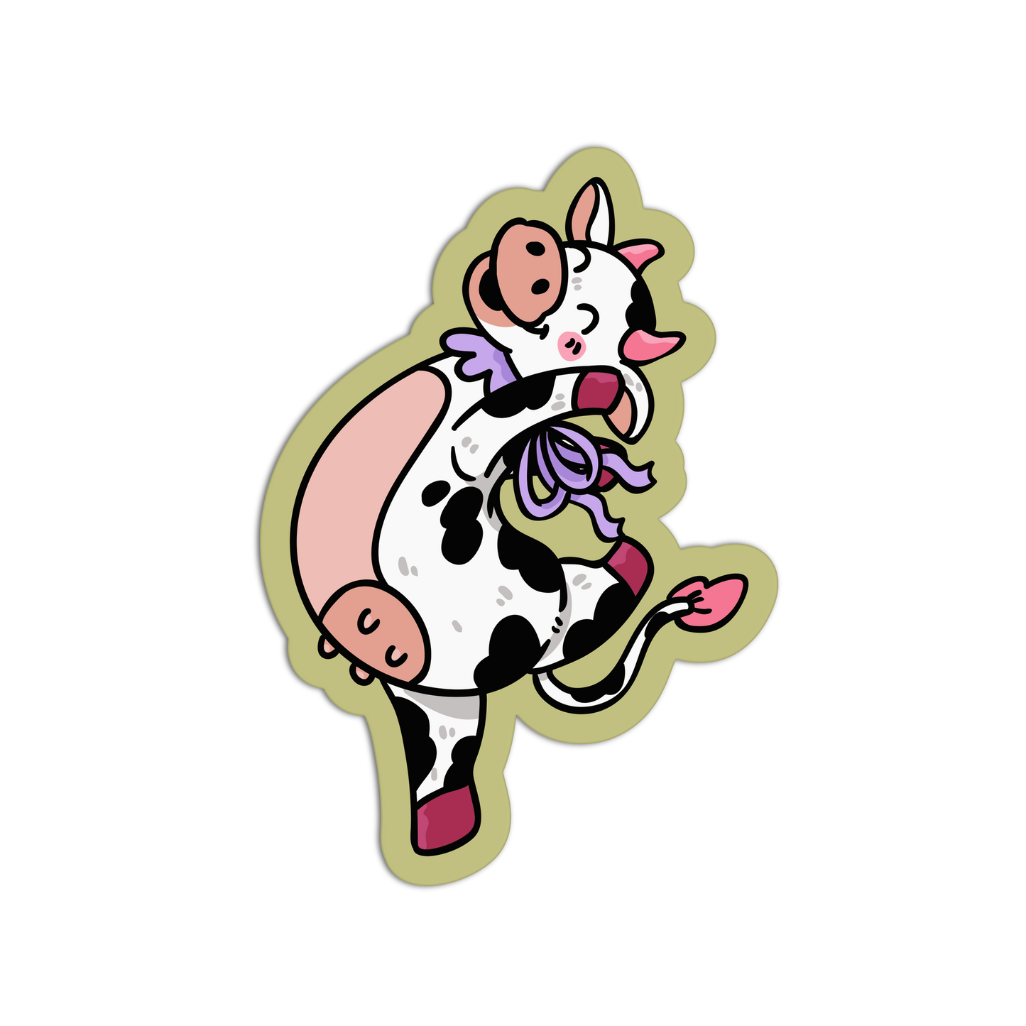Cartoon cow in a tutu with a pink bow on a white background