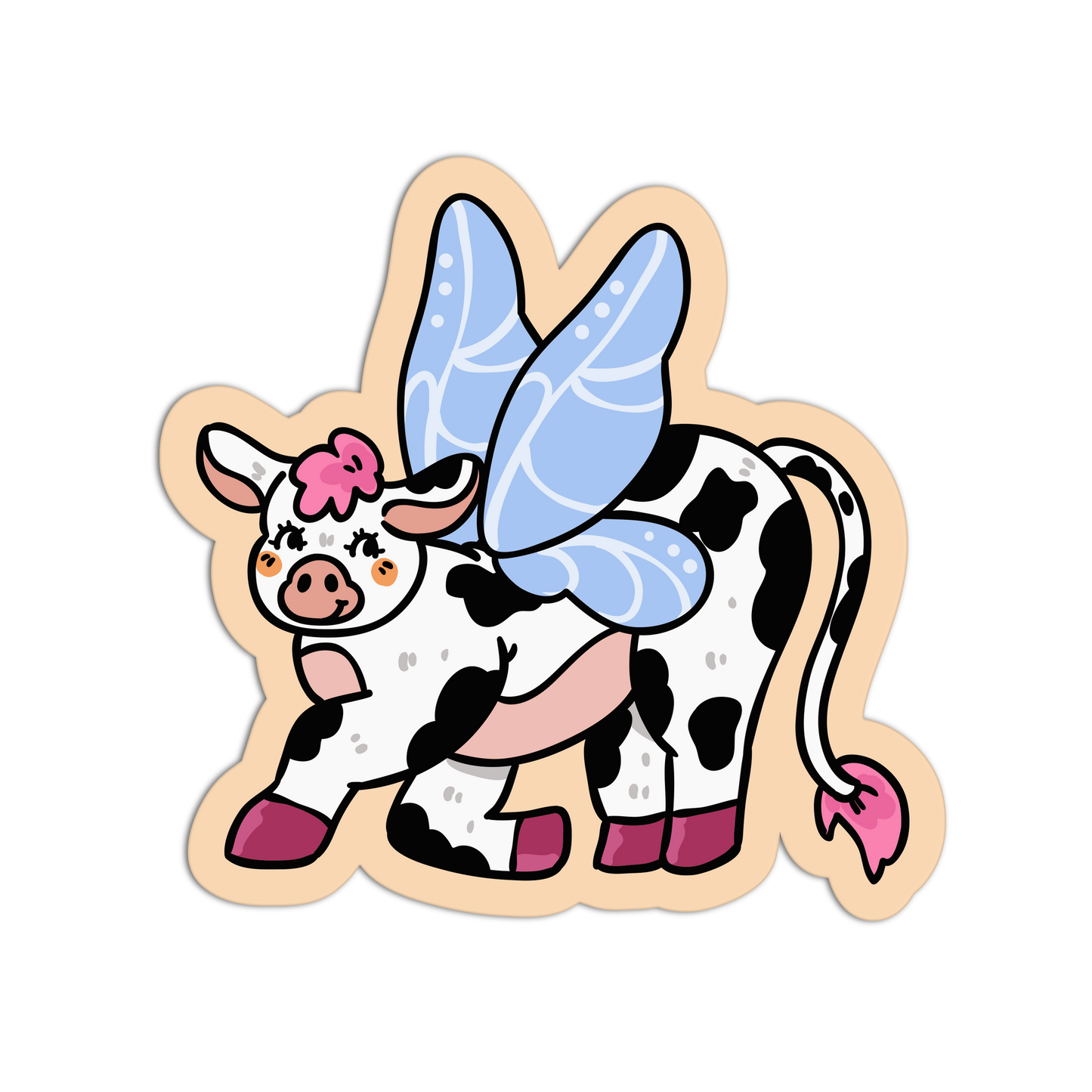 Cartoon cow with fairy wings and a bow on a white background