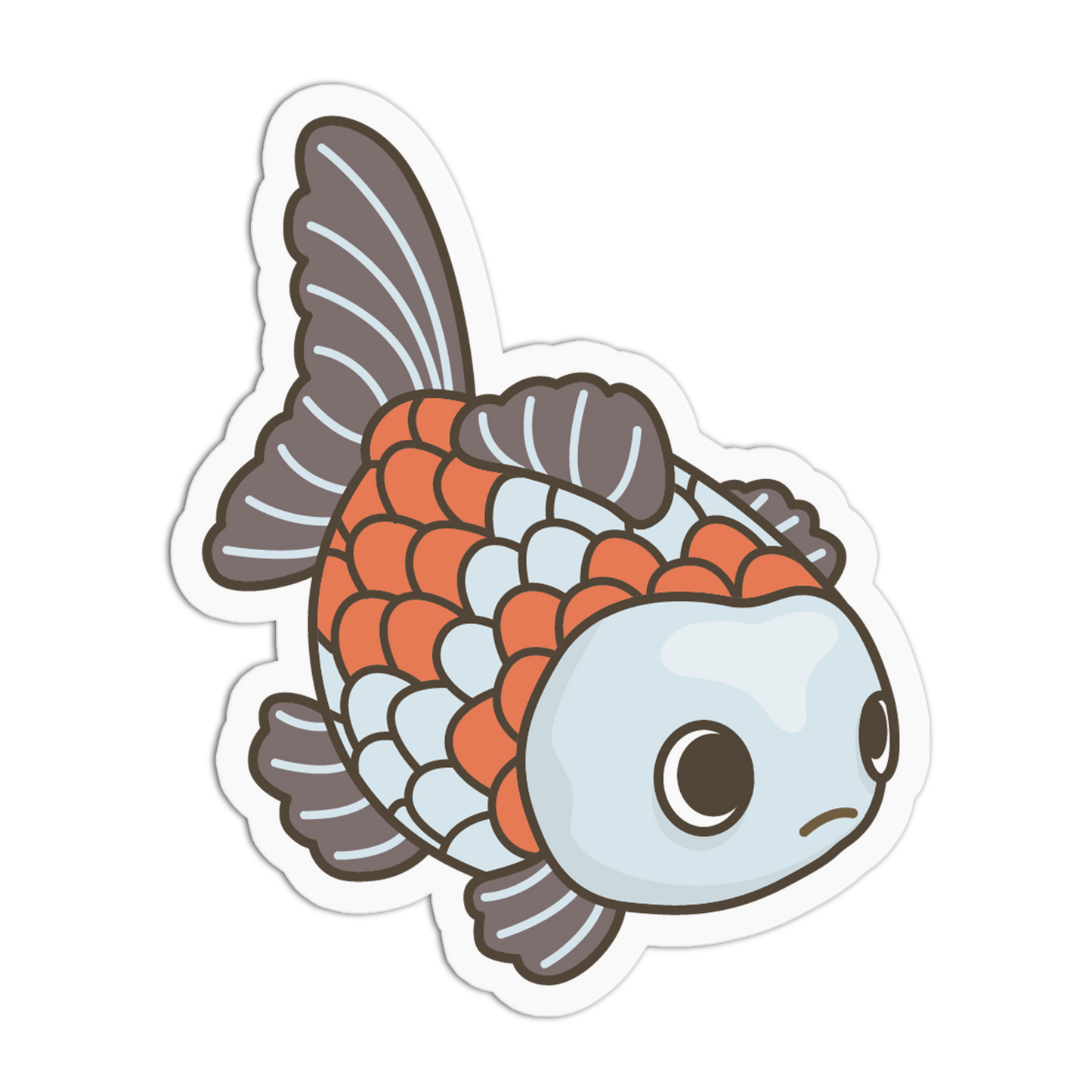 Cartoon fish with orange and gray scales on a white background