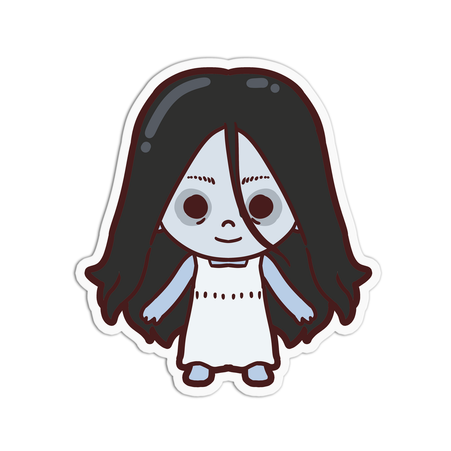 Cartoon character with long dark hair and a white dress on a white background