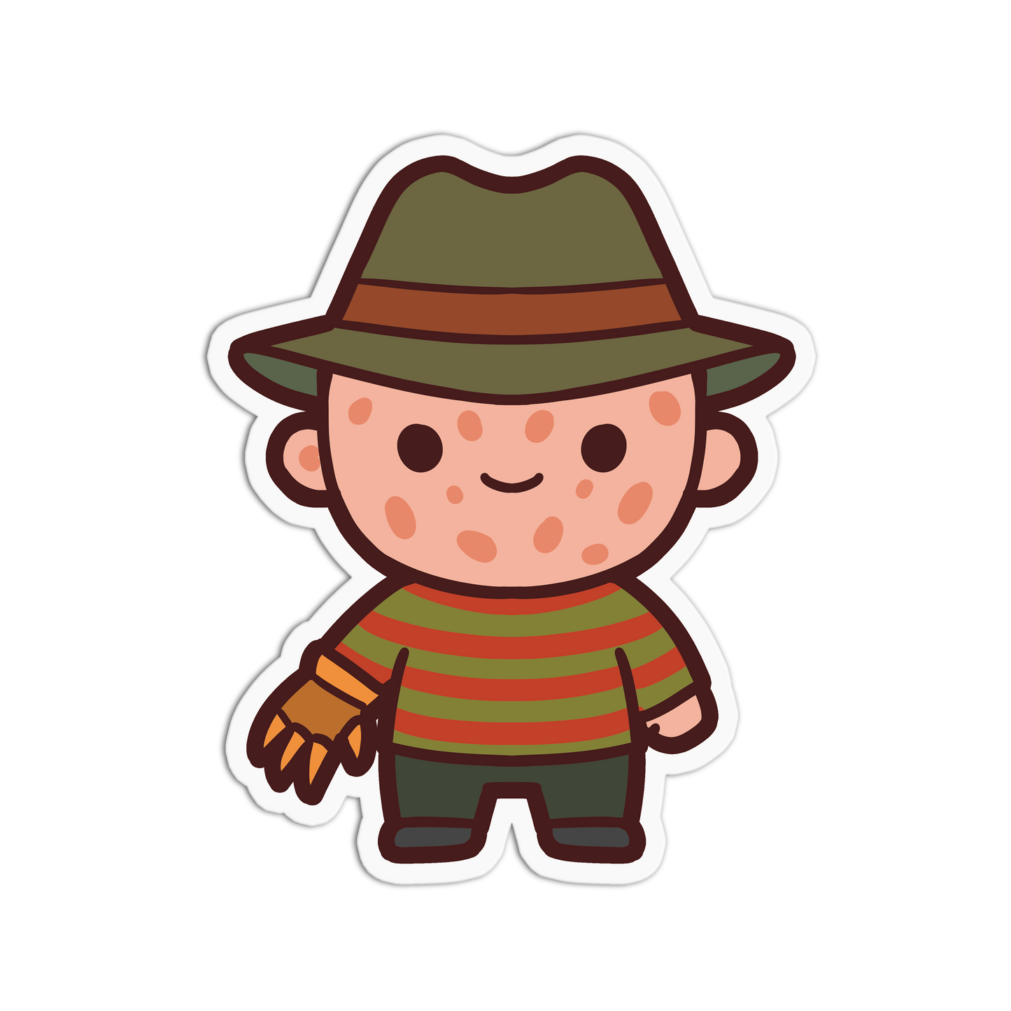 Cartoon character with a green hat and striped shirt on a white background