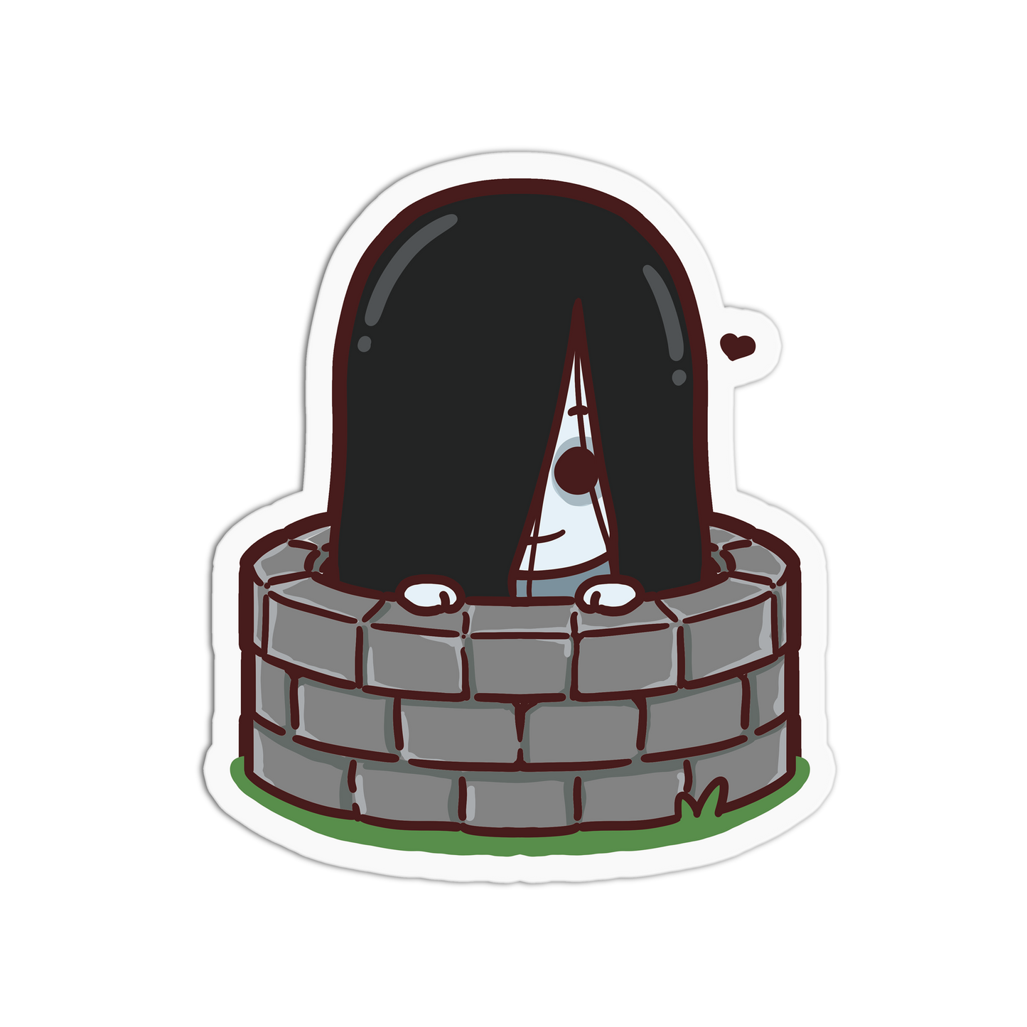 Cartoon character with long black hair peeking out from behind a stone wall on a white background