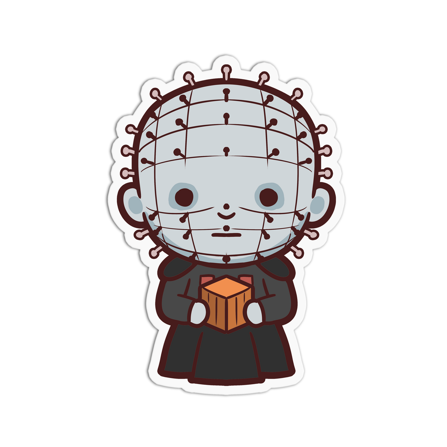 Cartoon character with a head full of pins holding a box on a white background