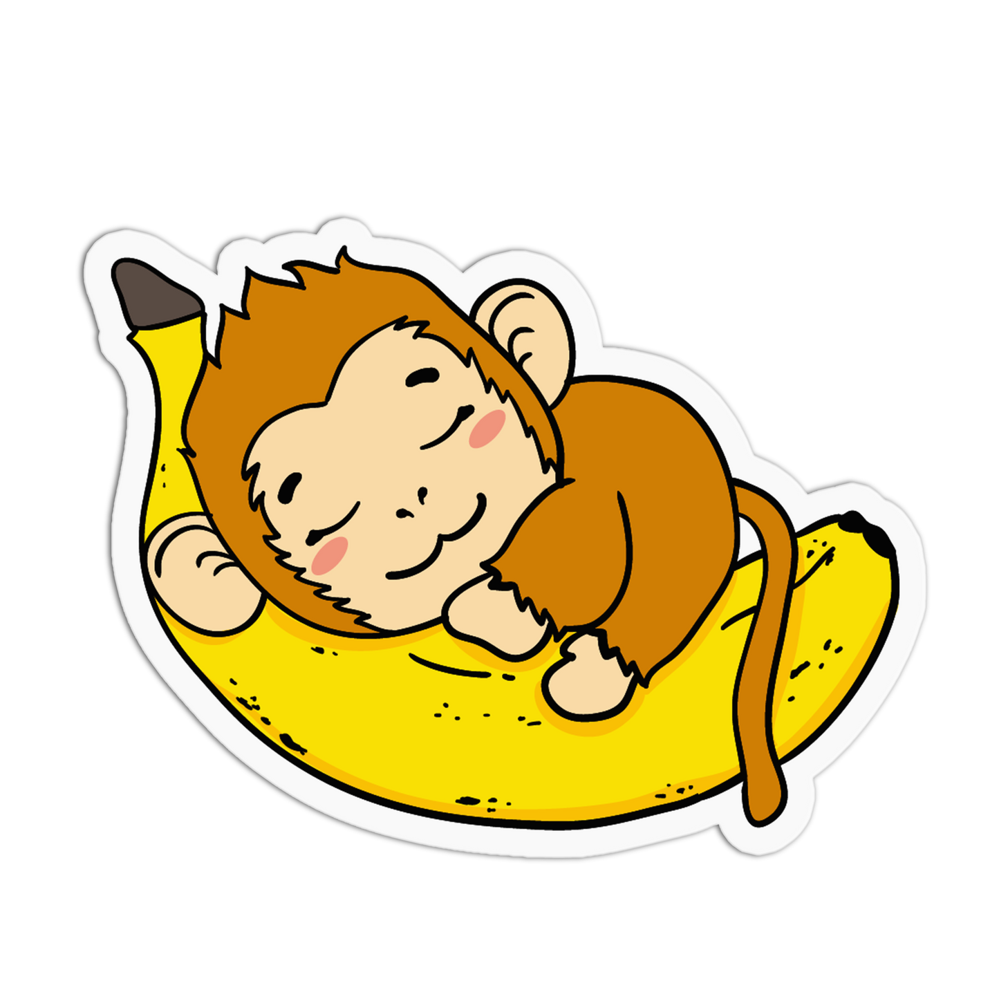 A cartoon sticker or decal showing a sleeping brown monkey curled up on a yellow banana, isolated on a white background.