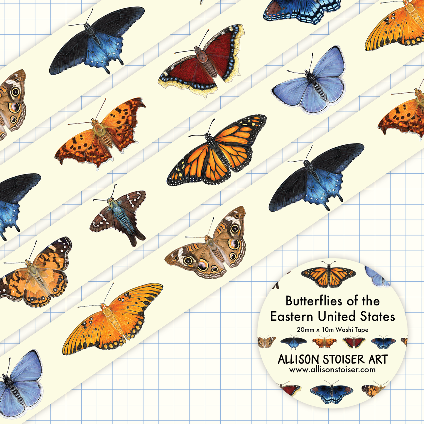 Butterfly-themed washi tape with colorful butterflies on a grid background, featuring the artist's name.