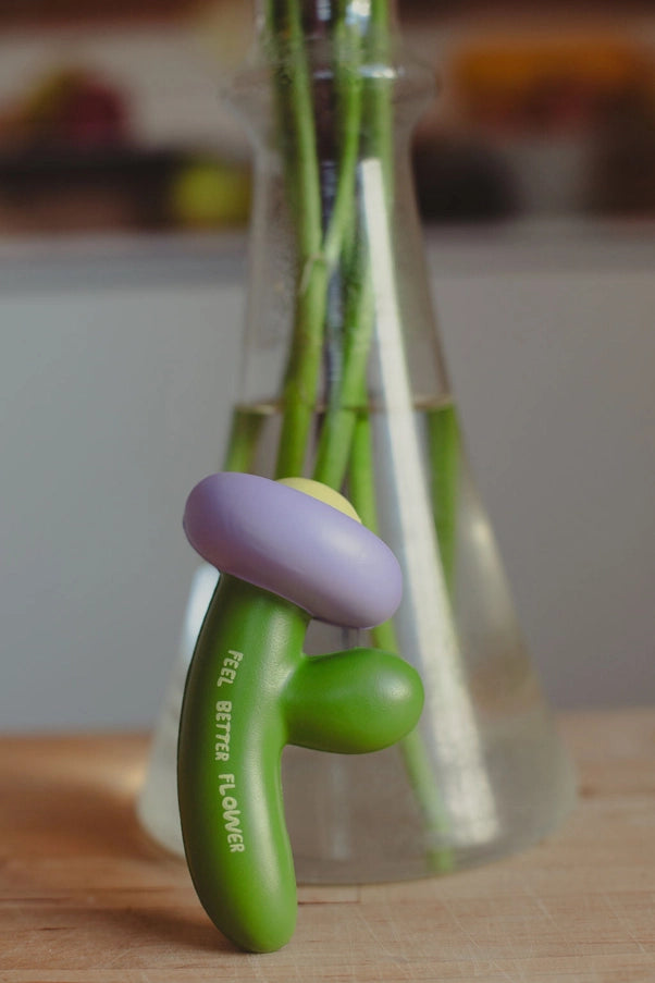 Green and purple flower vase with text on a wooden surface