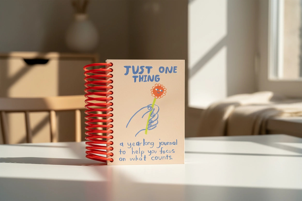 Notebook with red spiral and 'Just One Thing' cover on a table