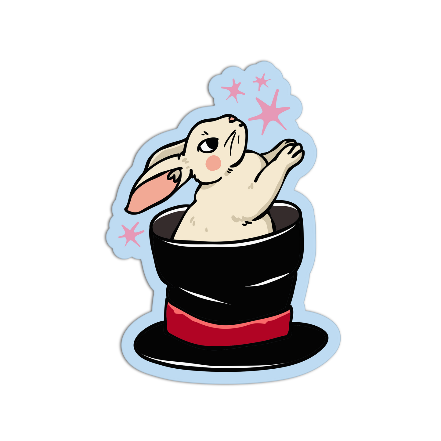 Cartoon rabbit popping out of a magician's hat with stars around on a white background