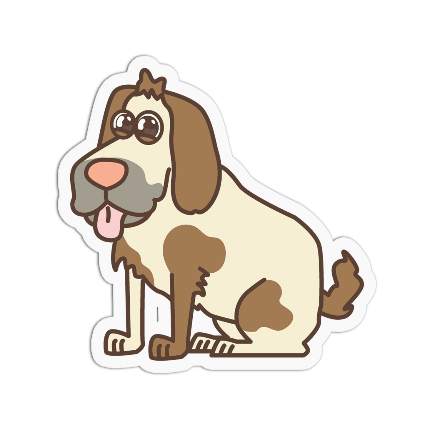 Cartoon dog sticker with brown and beige fur on a white background