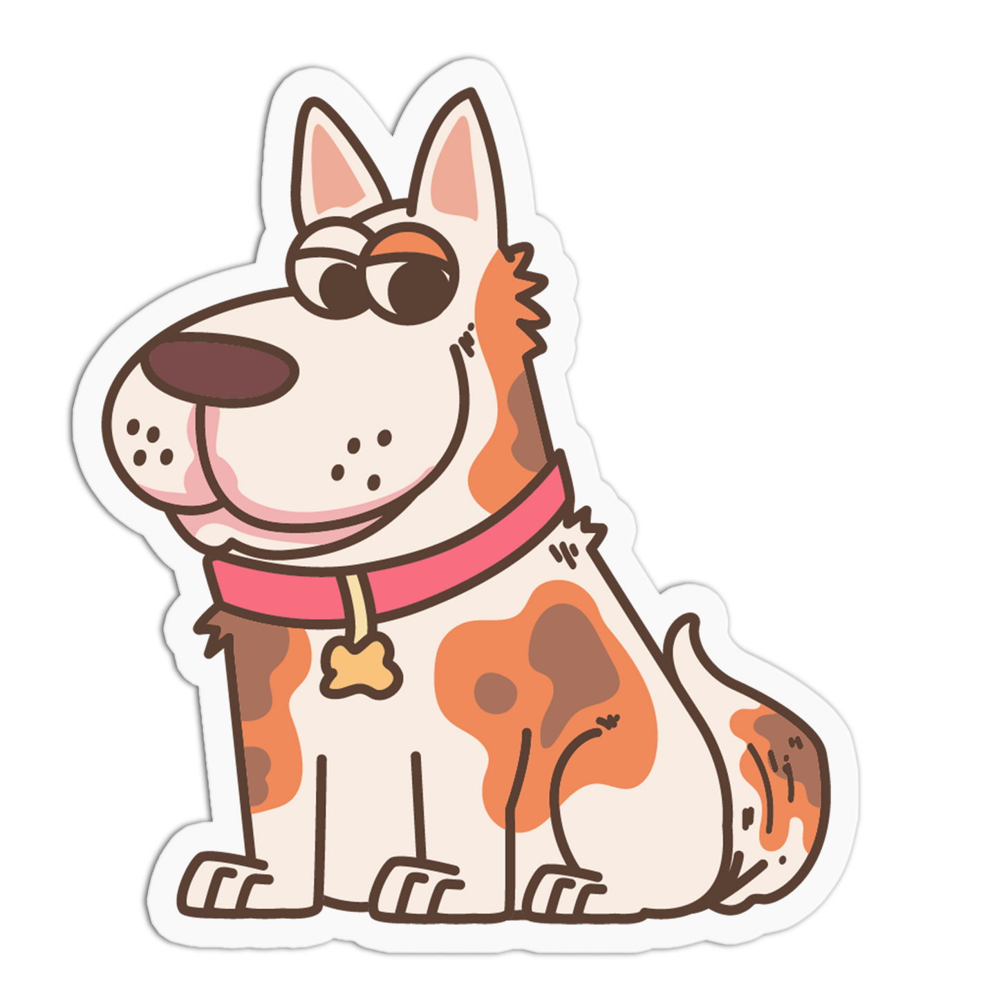 Cartoon dog with a pink collar and bone tag on a white background